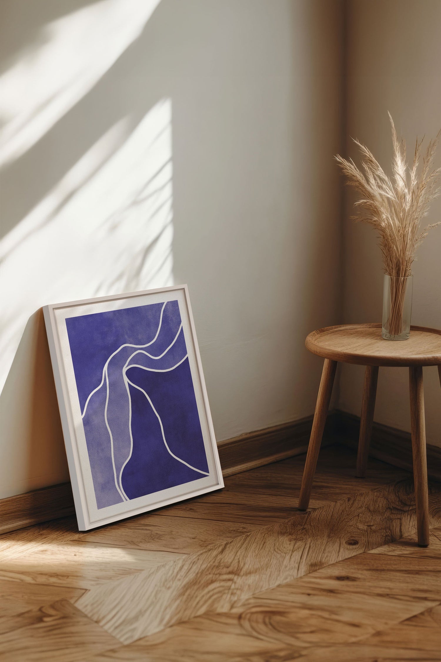 OLEKA CANVAS - REFLET INDIGO, Oeuvre sur toile étirée, encadré Blanc