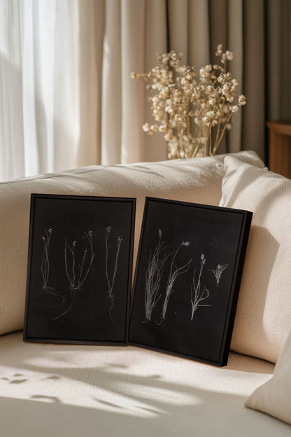 DUO TRACES DE VIE, 2 Oeuvres sur toile étirée, encadré Noir