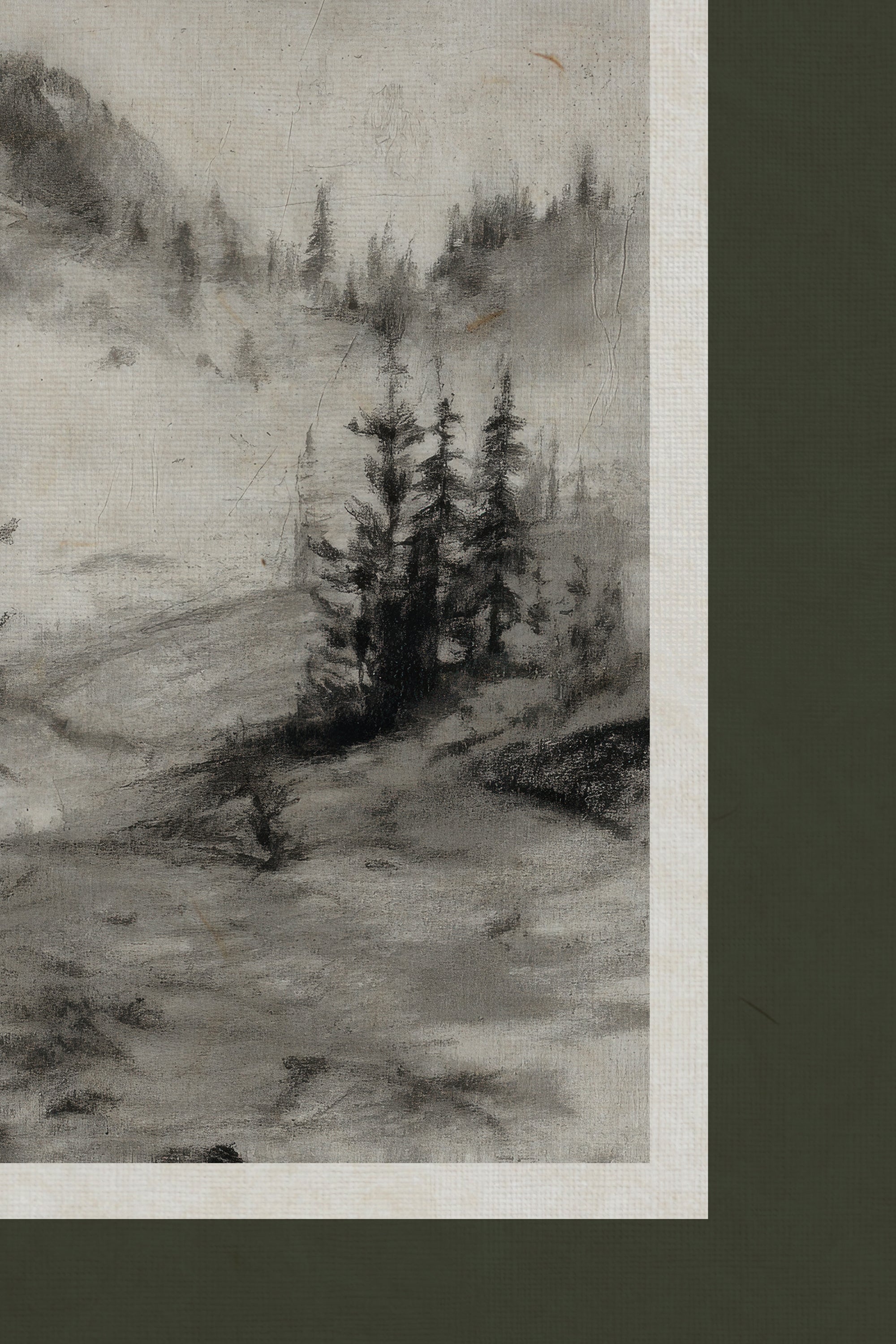 MISTY HEIGHTS, Artwork on rigid canvas, framed Vintage Silver