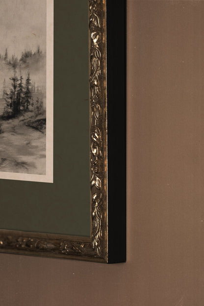 MISTY HEIGHTS, Artwork on rigid canvas, framed Vintage Silver