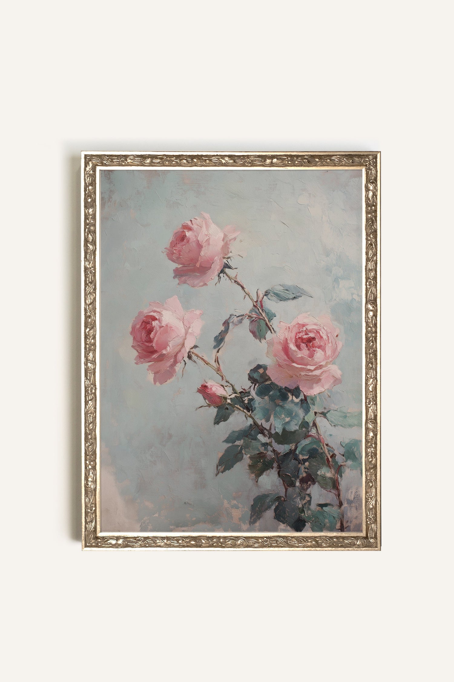 ROSES POUDRÉES, Oeuvre sur toile rigide, encadré Vintage Argent