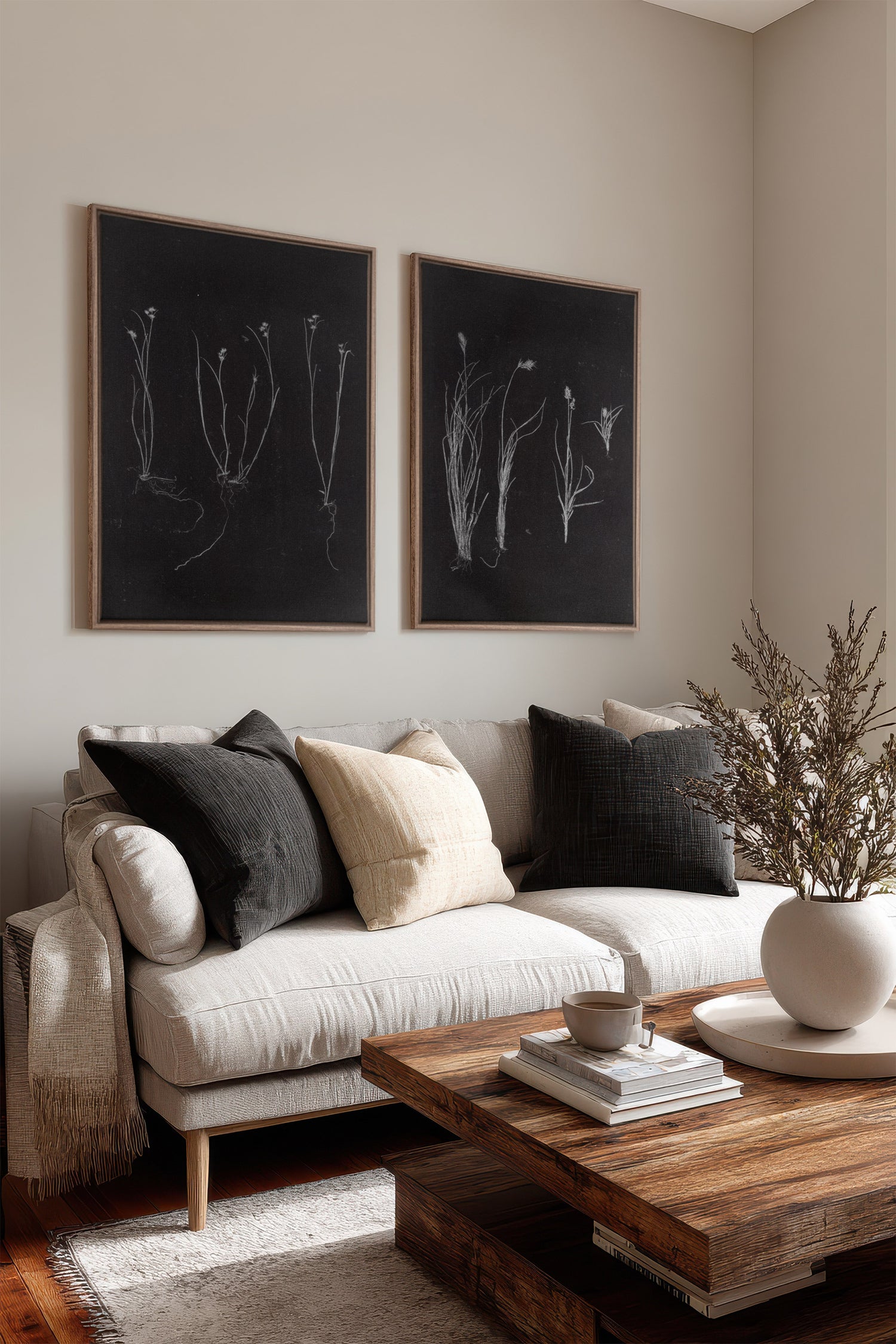 DUO TRACES DE VIE, 2 Oeuvres sur toile étirée, encadré Brun Chêne