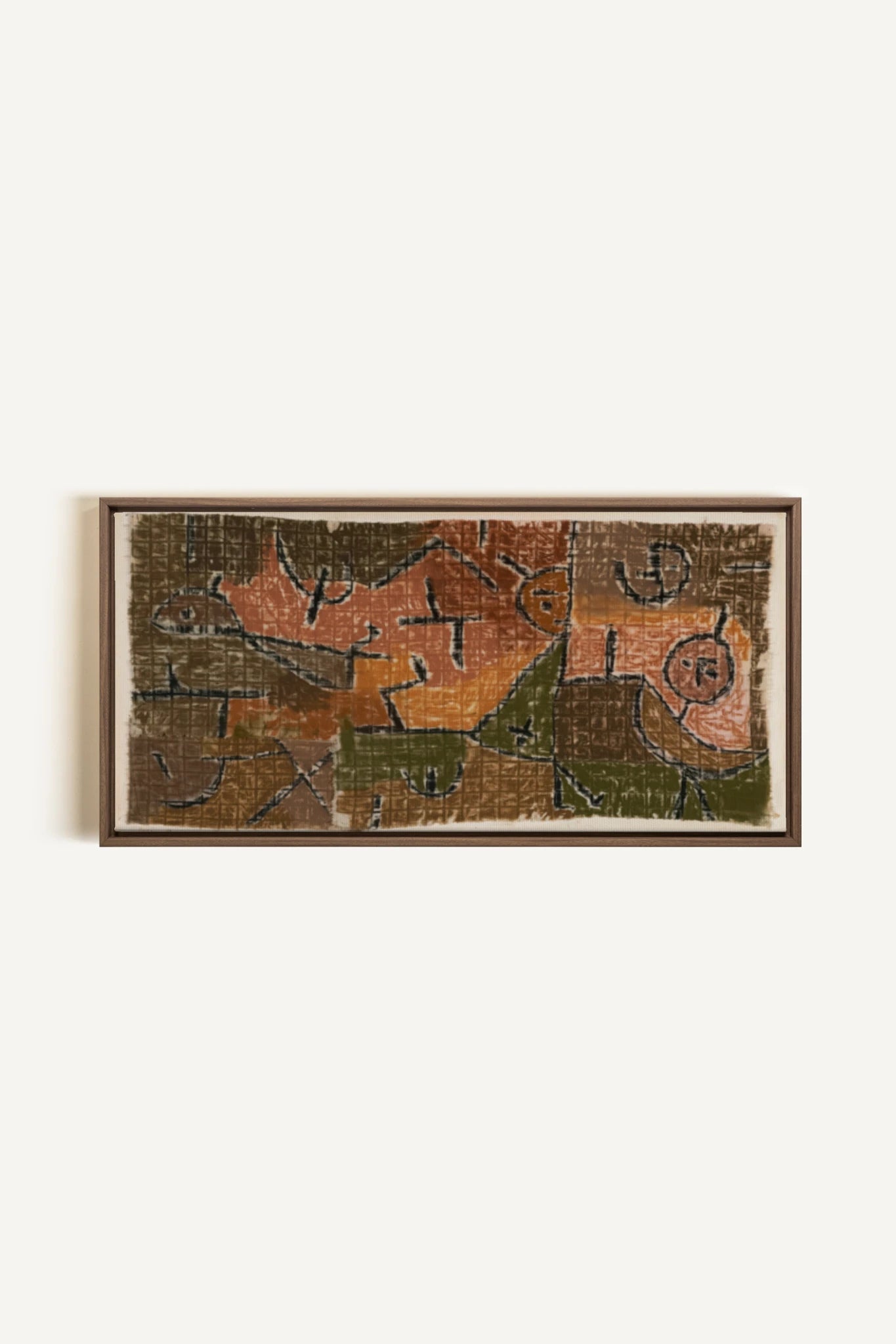 PRIMITIVE GRID, Artwork on stretched canvas, framed in Brown Oak