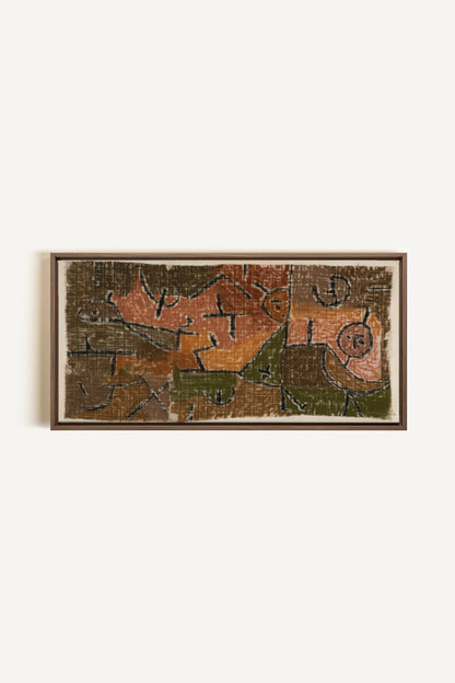 PRIMITIVE GRID, Artwork on stretched canvas, framed in Brown Oak