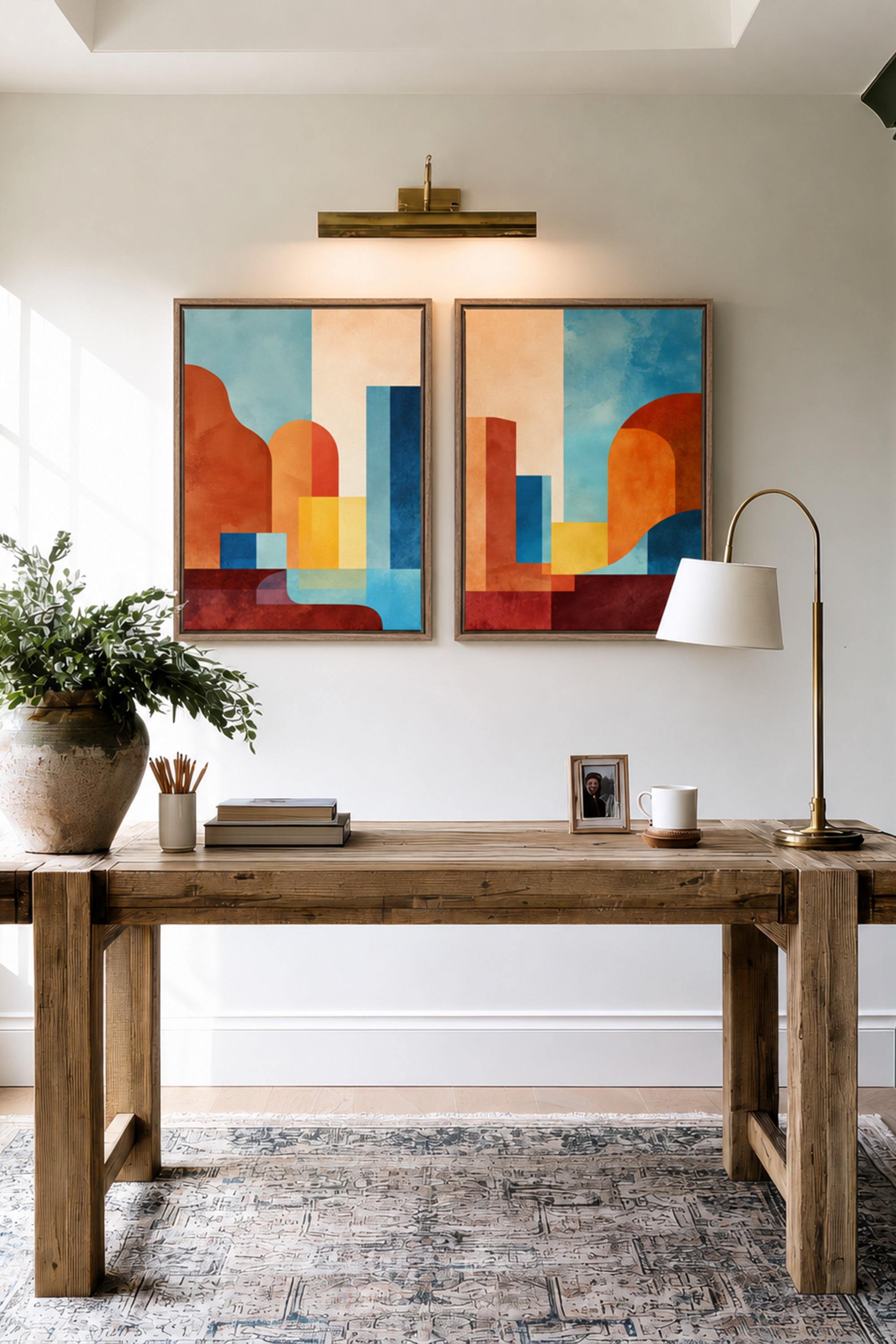 RETRO ARCH DUO, 2 Works on Stretched Canvas, Framed in Brown Oak