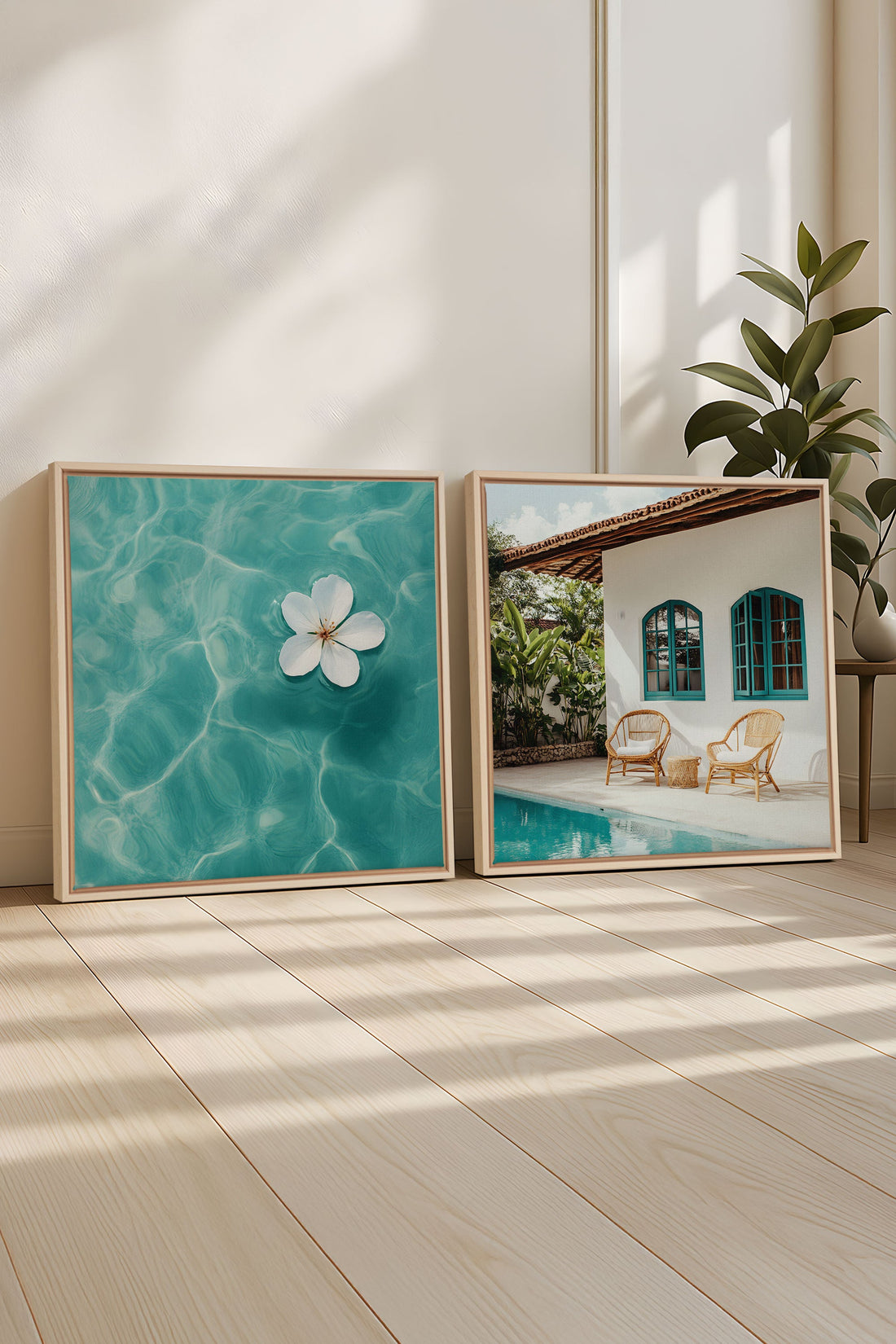 OLEKA CANVAS - DUO INSTANT AZUR, 2 Oeuvres sur toile étirée, encadré Naturel Clair