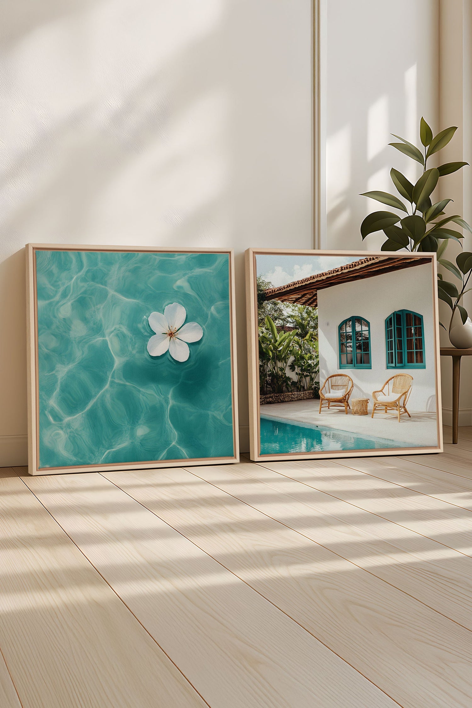 OLEKA CANVAS - DUO INSTANT AZUR, 2 Oeuvres sur toile étirée, encadré Naturel Clair