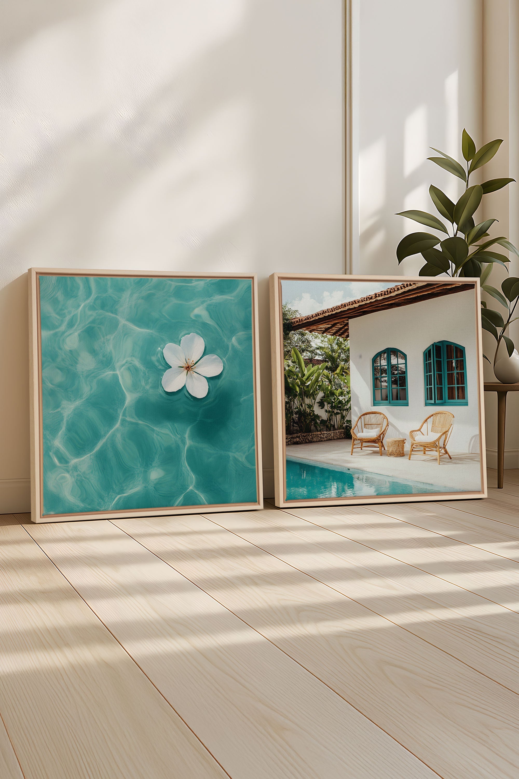 OLEKA CANVAS - DUO INSTANT AZUR, 2 Oeuvres sur toile étirée, encadré Naturel Clair