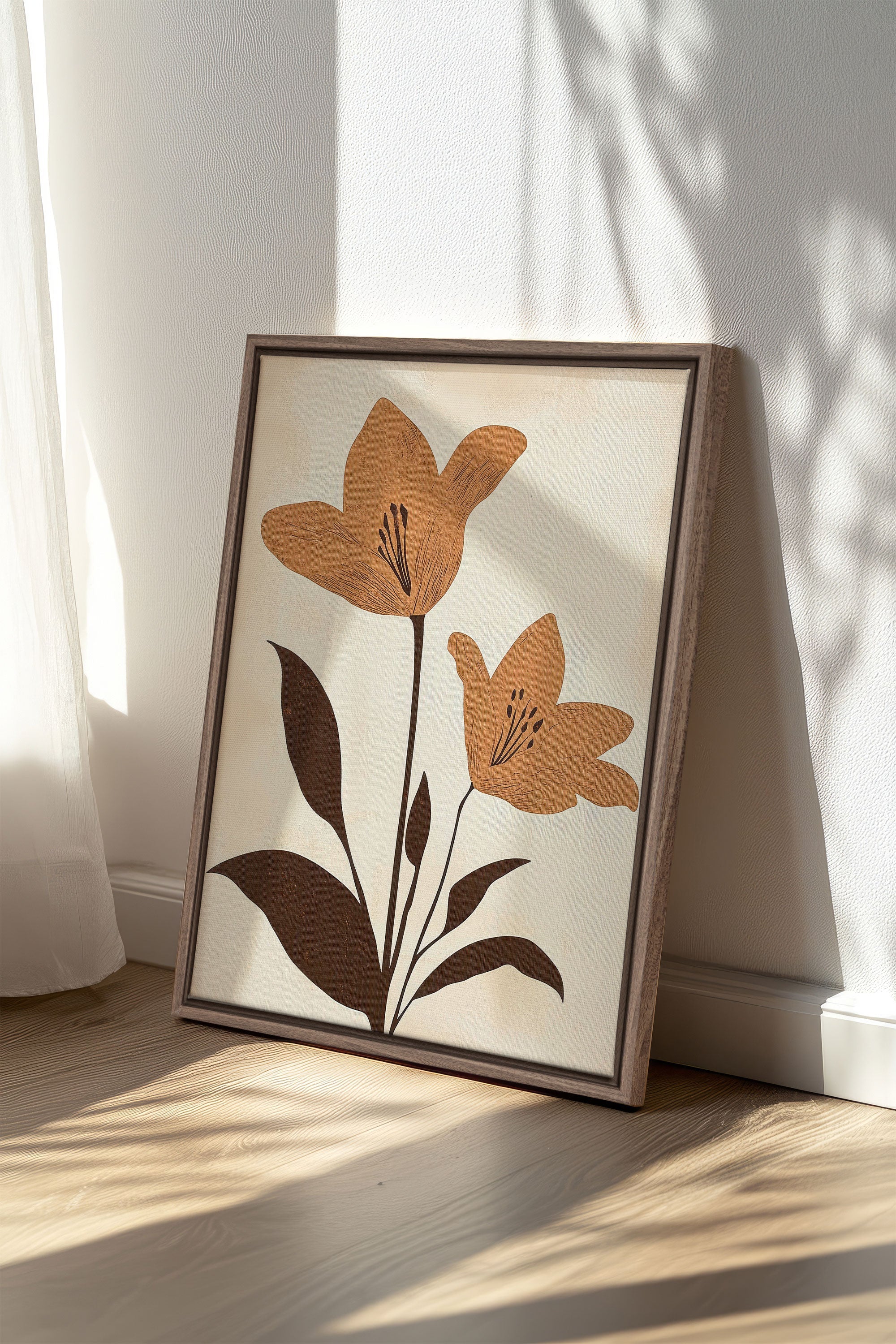 OLEKA CANVAS - SEPIA FLOWERS, Oeuvre sur toile étirée, encadré Brun Chêne