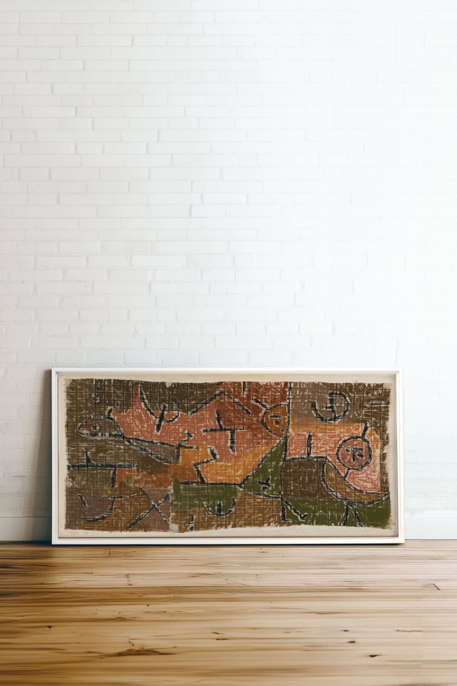 PRIMITIVE GRID, Artwork on stretched canvas, framed in white