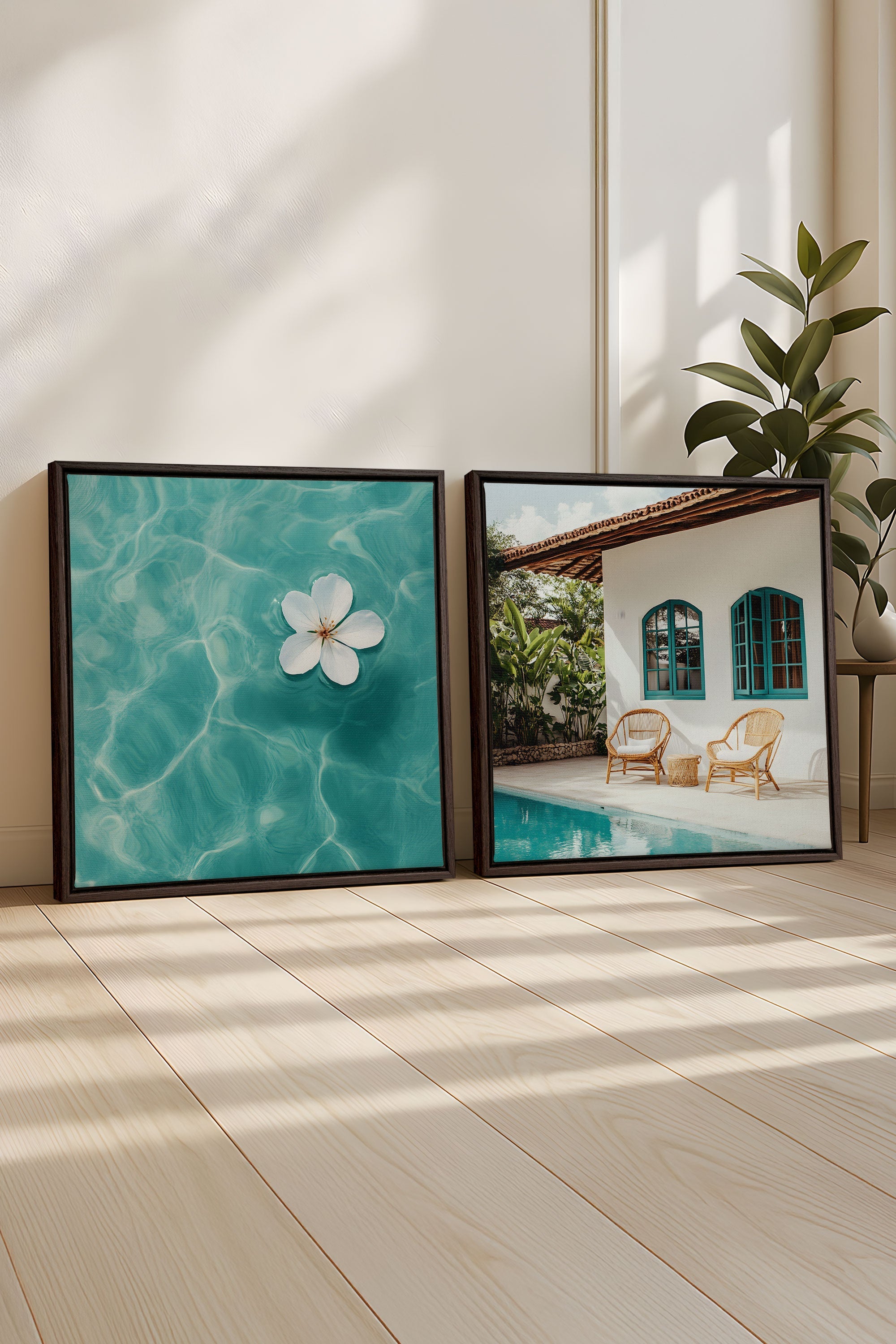 OLEKA CANVAS - DUO INSTANT AZUR, 2 Oeuvres sur toile étirée, encadré Brun Noyer