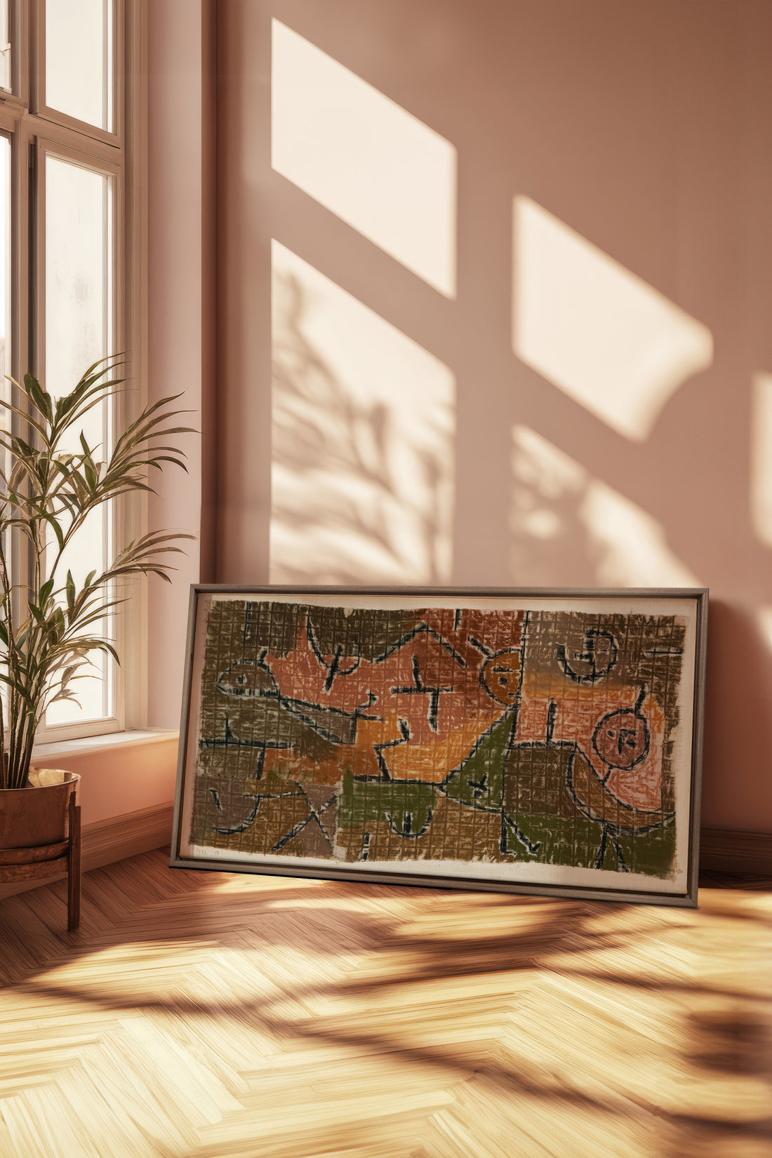 PRIMITIVE GRID, Artwork on stretched canvas, framed in Brown Oak