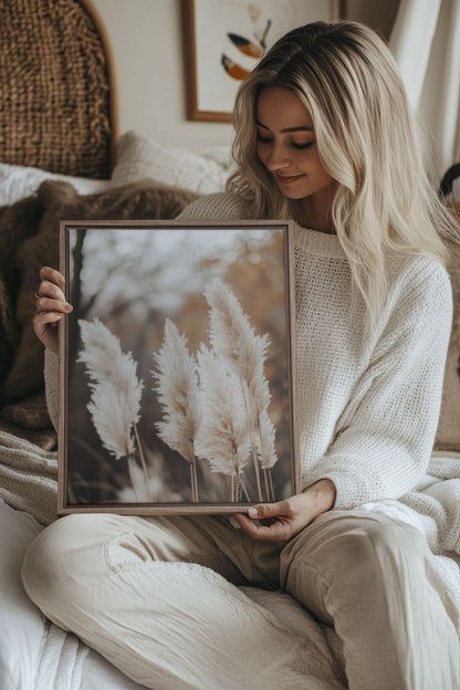 OLEKA CANVAS - GOLDEN FEATHER, Oeuvre sur toile étirée, encadré Brun Chêne