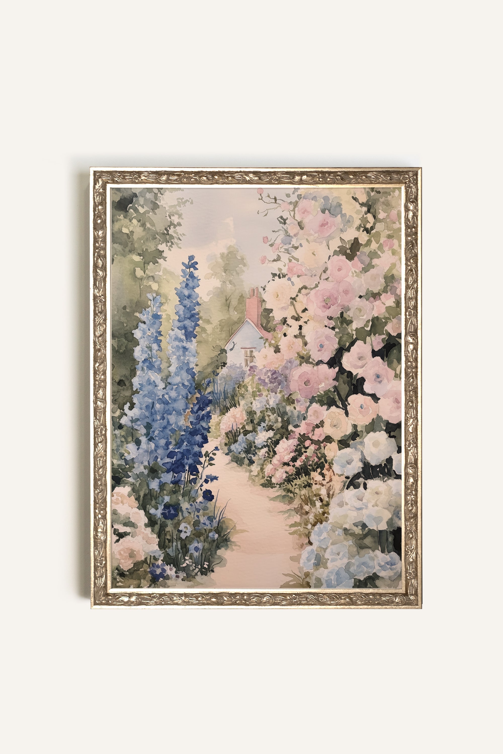 SENTIER FLEURI, Artwork on rigid canvas, framed Vintage Silver