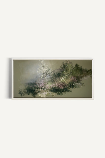 JARDIN DES BRUMES, Artwork on stretched canvas, White frame