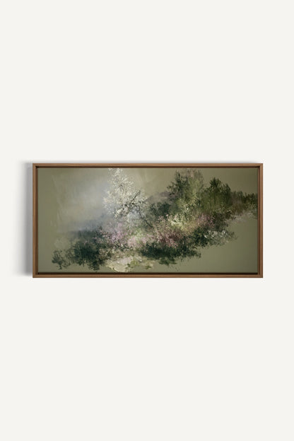 JARDIN DES BRUMES, Artwork on stretched canvas, Oak Brown frame