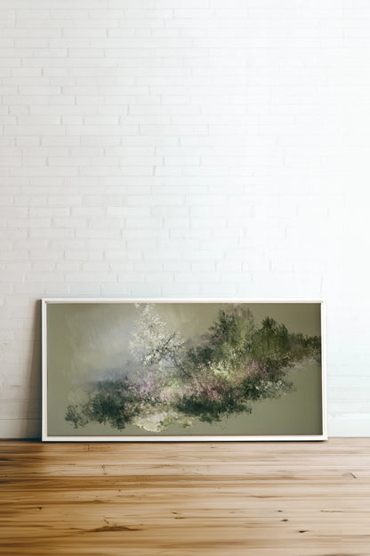 JARDIN DES BRUMES, Artwork on stretched canvas, White frame
