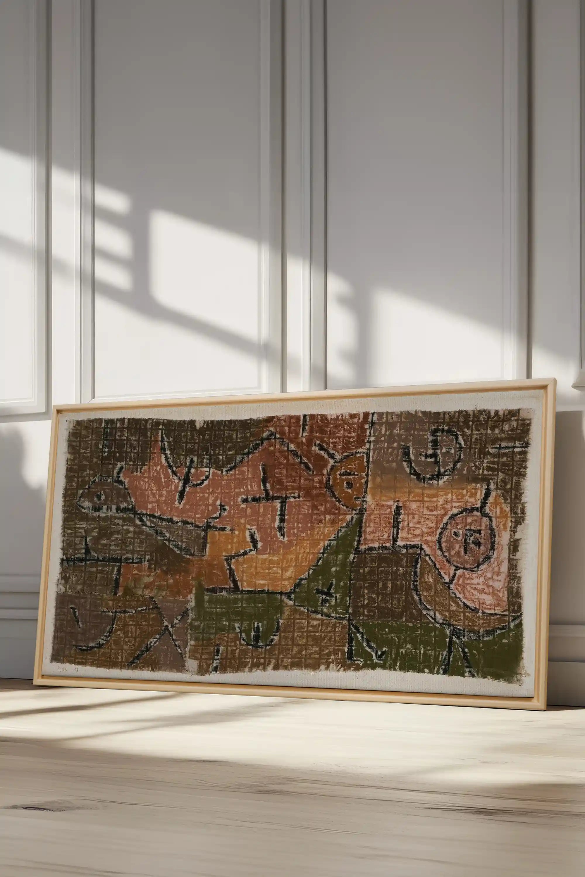 PRIMITIVE GRID, Artwork on stretched canvas, framed Natural Light