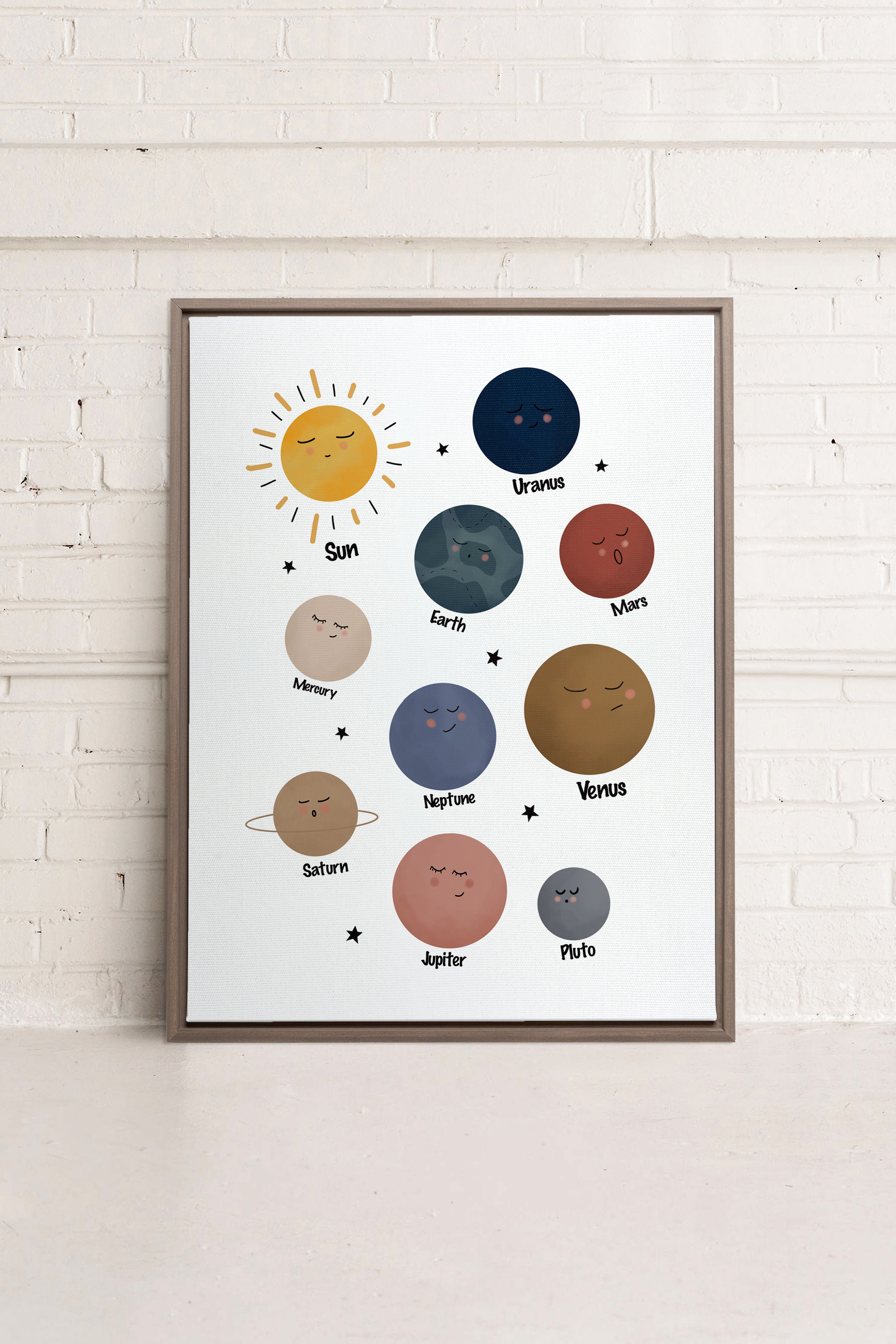 OLEKA CANVAS - PLANÈTES, Oeuvre sur toile étirée, encadré Brun Chêne