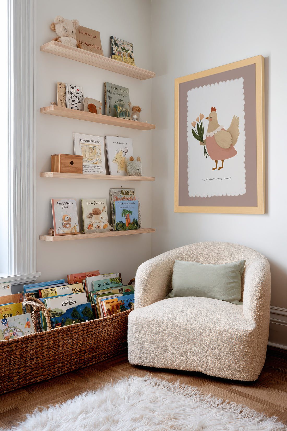 POULE EN FLEURS, Artwork on rigid canvas, framed in Natural Light