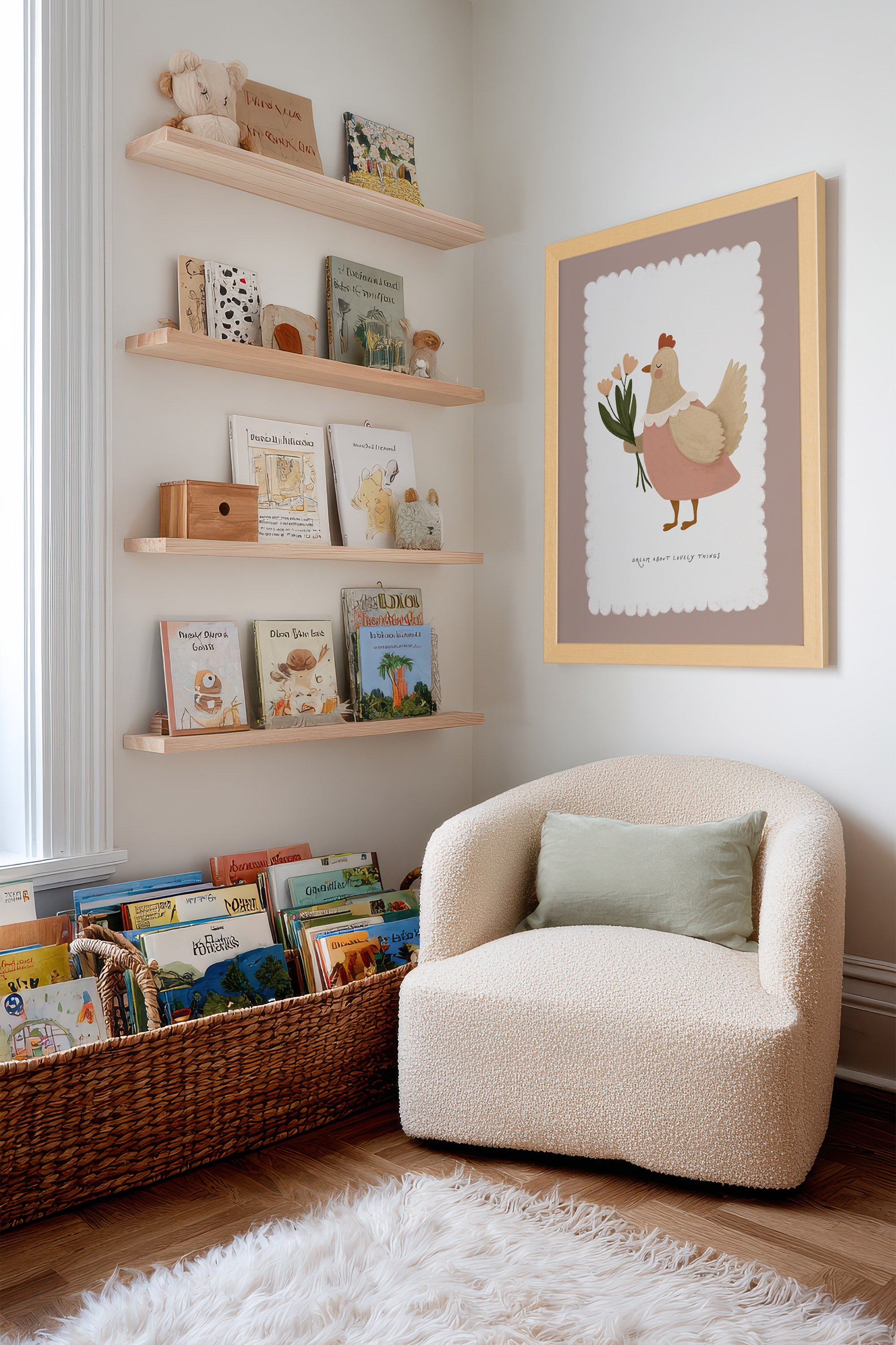 POULE EN FLEURS, Artwork on rigid canvas, framed in Natural Light