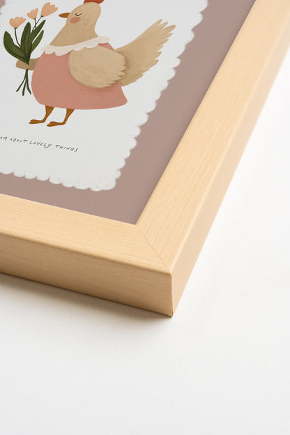 POULE EN FLEURS, Artwork on rigid canvas, framed in Natural Light