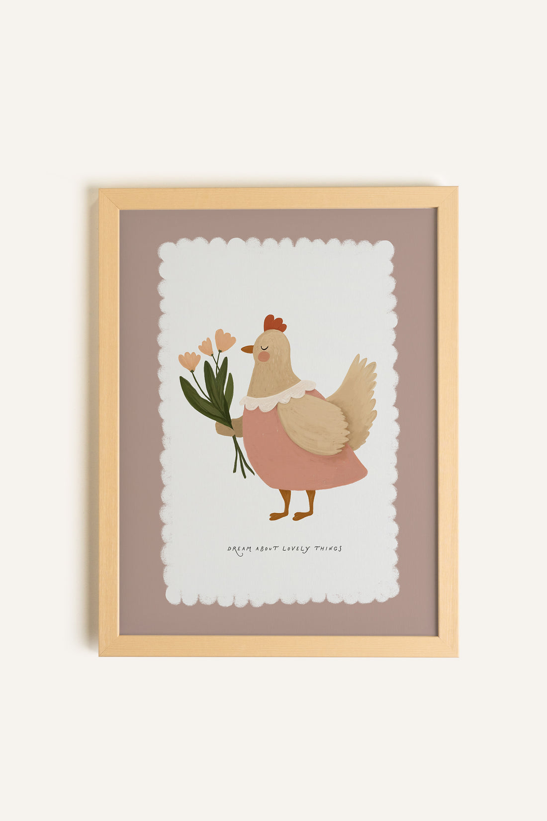 POULE EN FLEURS, Artwork on rigid canvas, framed in Natural Light