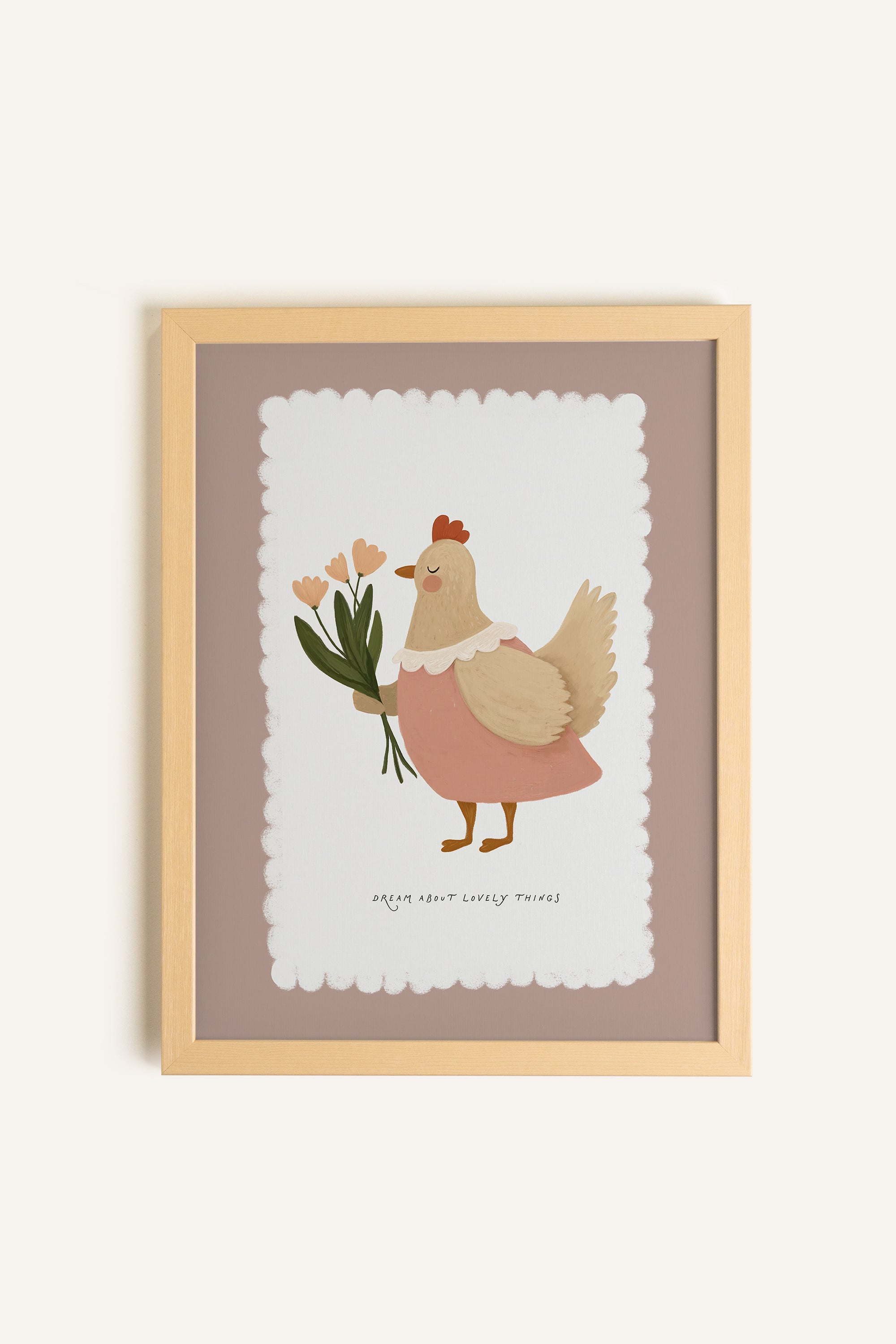 POULE EN FLEURS, Artwork on rigid canvas, framed in Natural Light