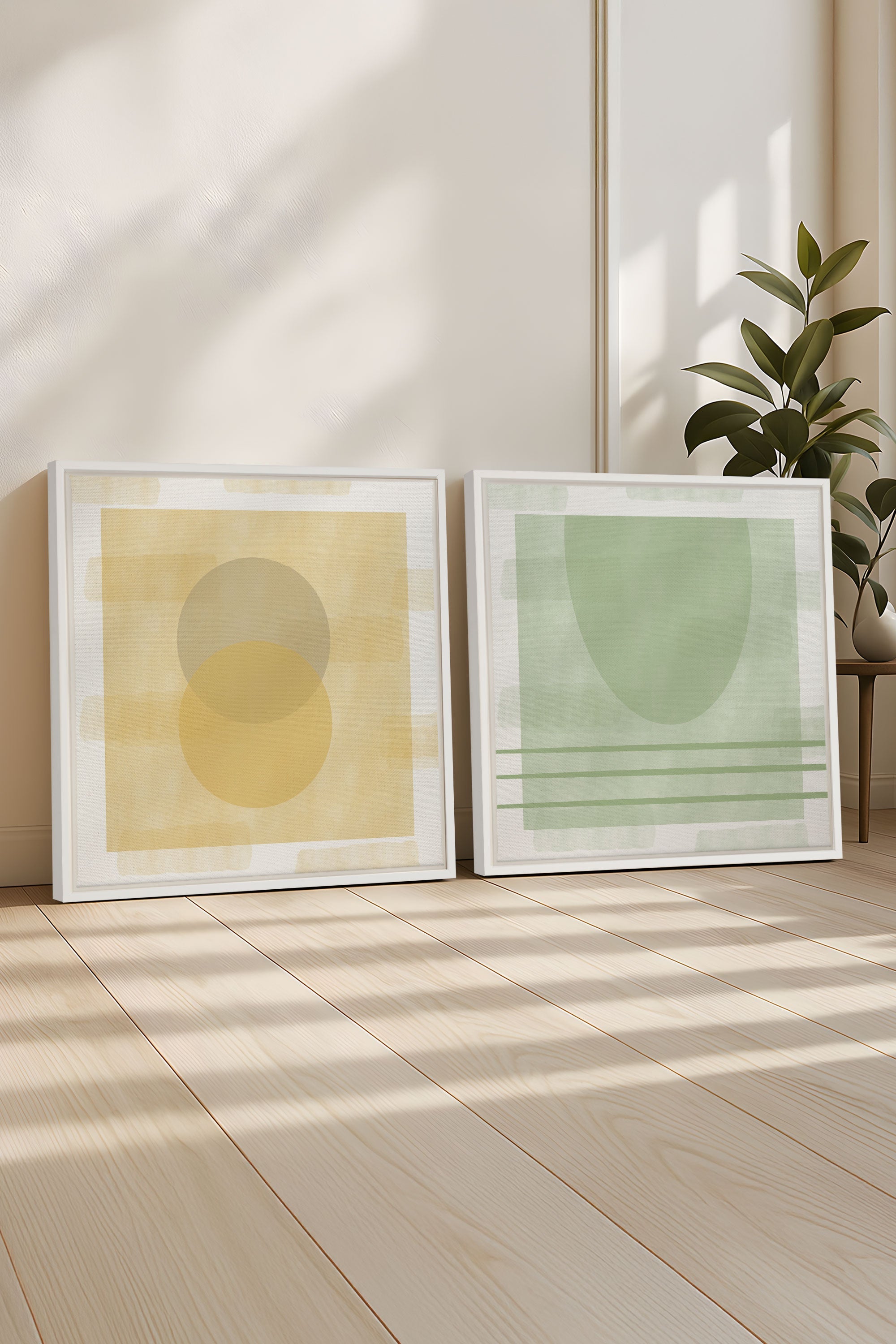 OLEKA CANVAS - DUO ÉQUILIBRE ESTIVAL, 2 Oeuvres sur toile étirée, encadré Blanc