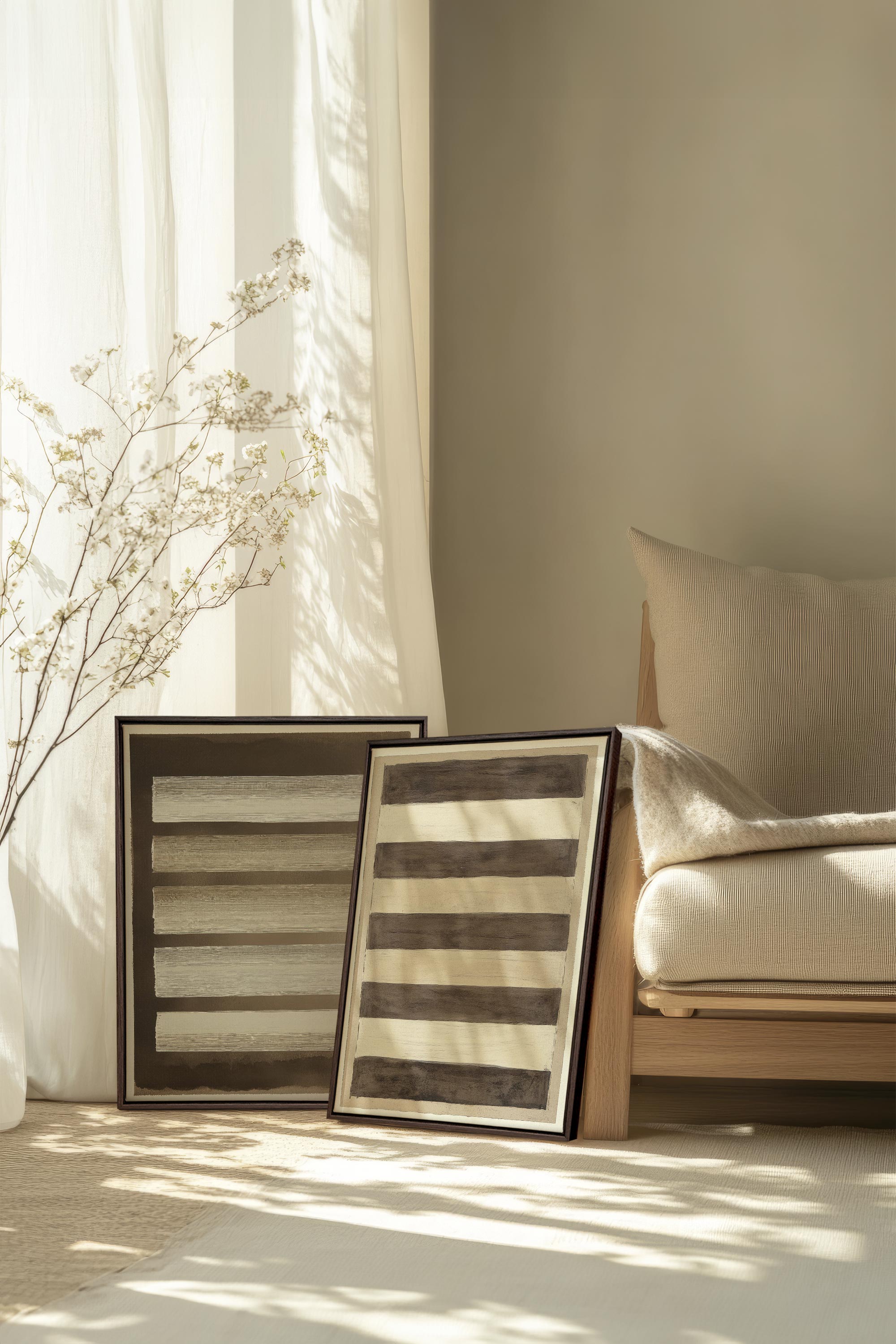 OLEKA CANVAS - SANDY LINES DUO, 2 Oeuvres sur toile étirée, encadré Brun Noyer