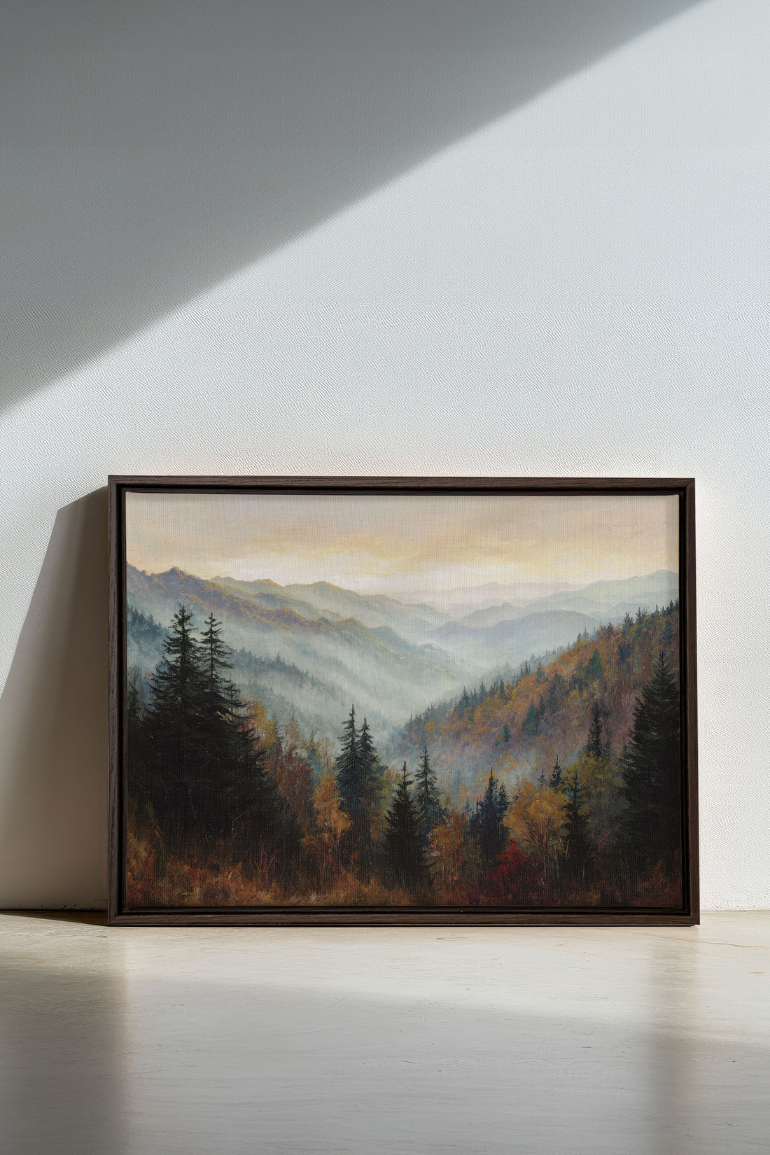 MOUNTAIN MORNING II, Oeuvre sur toile étirée, encadré Brun Noyer