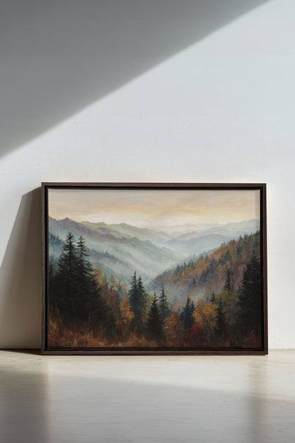 MOUNTAIN MORNING II, Oeuvre sur toile étirée, encadré Brun Noyer