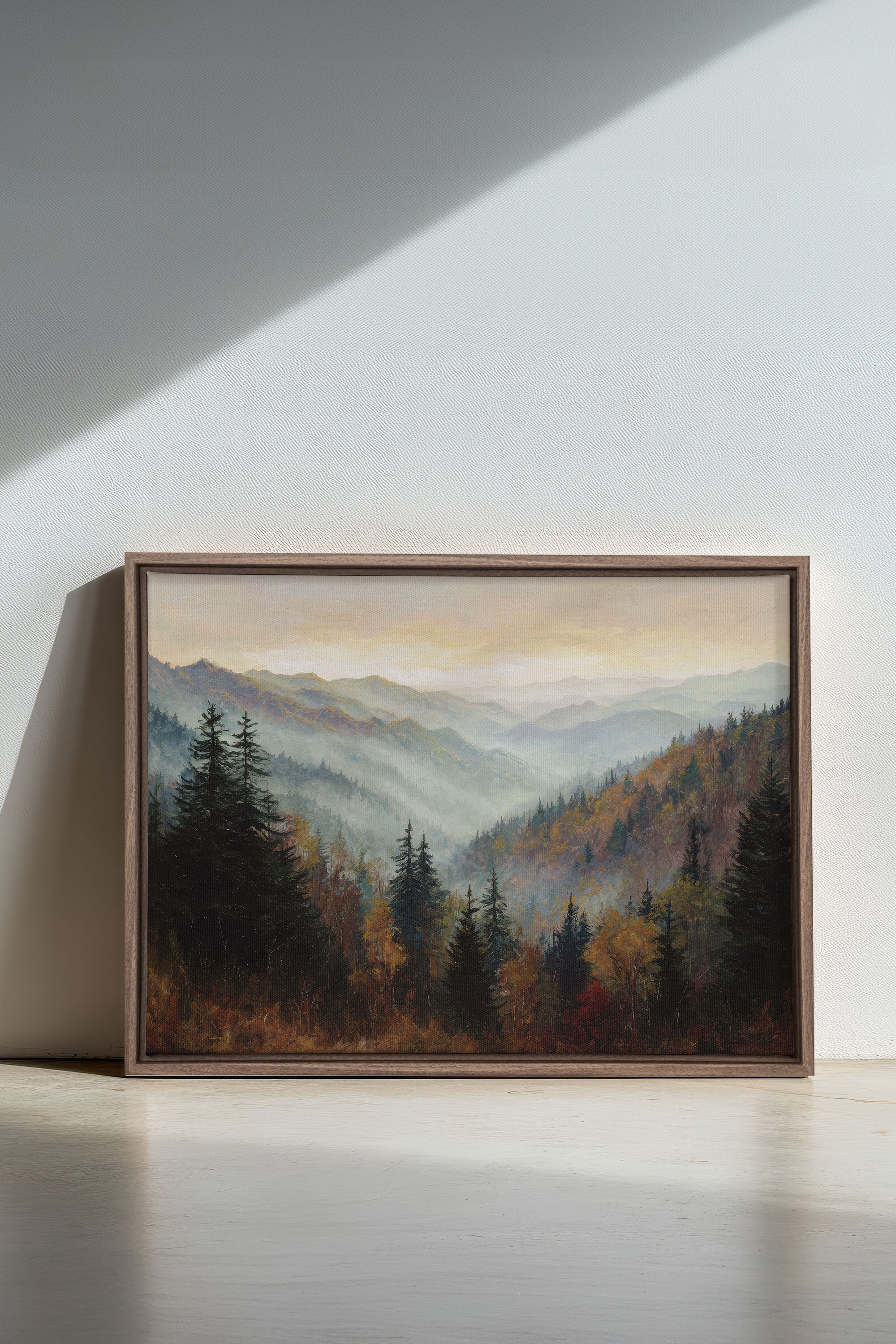 MOUNTAIN MORNING II, Artwork on stretched canvas, framed in Brown Oak