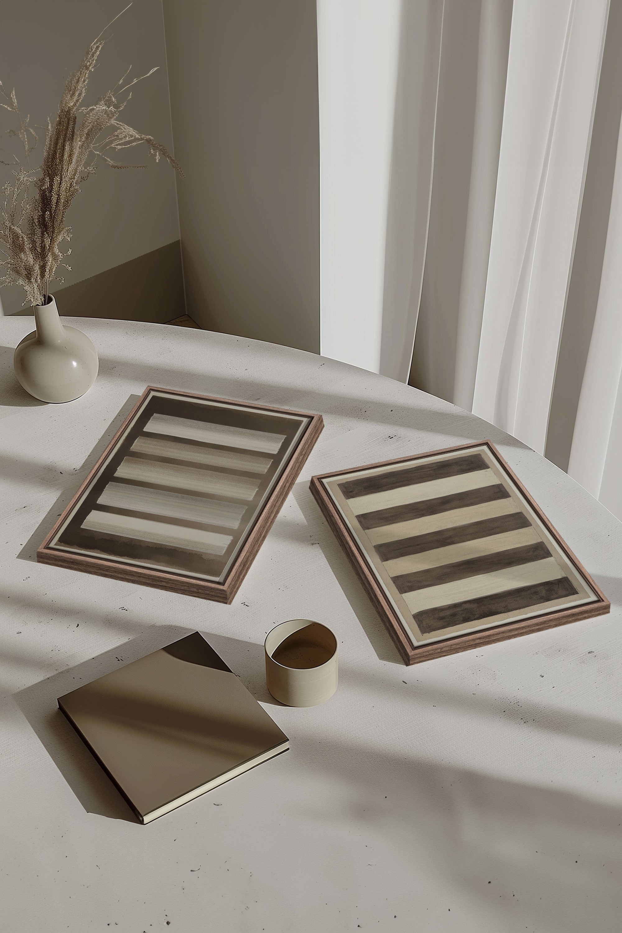 OLEKA CANVAS - SANDY LINES DUO, 2 Oeuvres sur toile étirée, encadré Brun Chêne