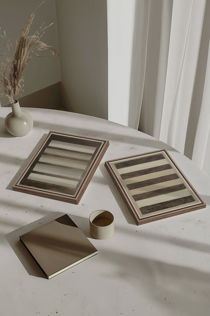 OLEKA CANVAS - SANDY LINES DUO, 2 Oeuvres sur toile étirée, encadré Brun Chêne