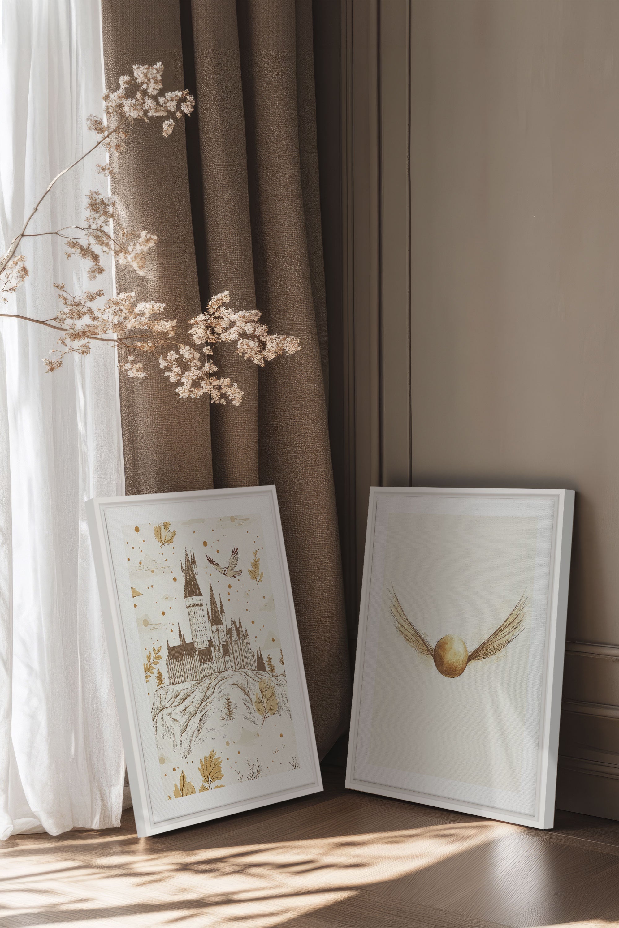 OLEKA CANVAS - GOLDEN WINGS DUO, 2 Oeuvres sur toile étirée, encadré Blanc