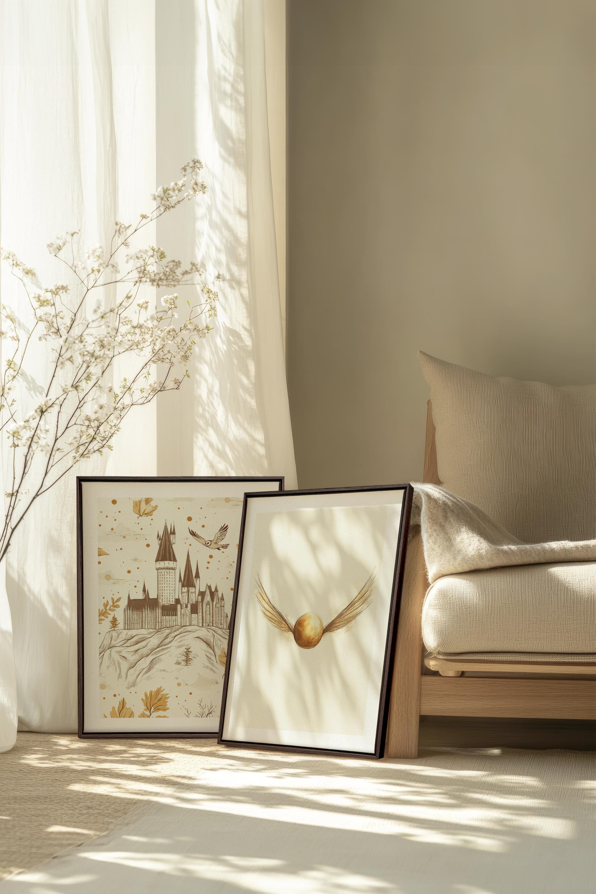 OLEKA CANVAS - GOLDEN WINGS DUO, 2 Oeuvres sur toile étirée, encadré Brun Noyer