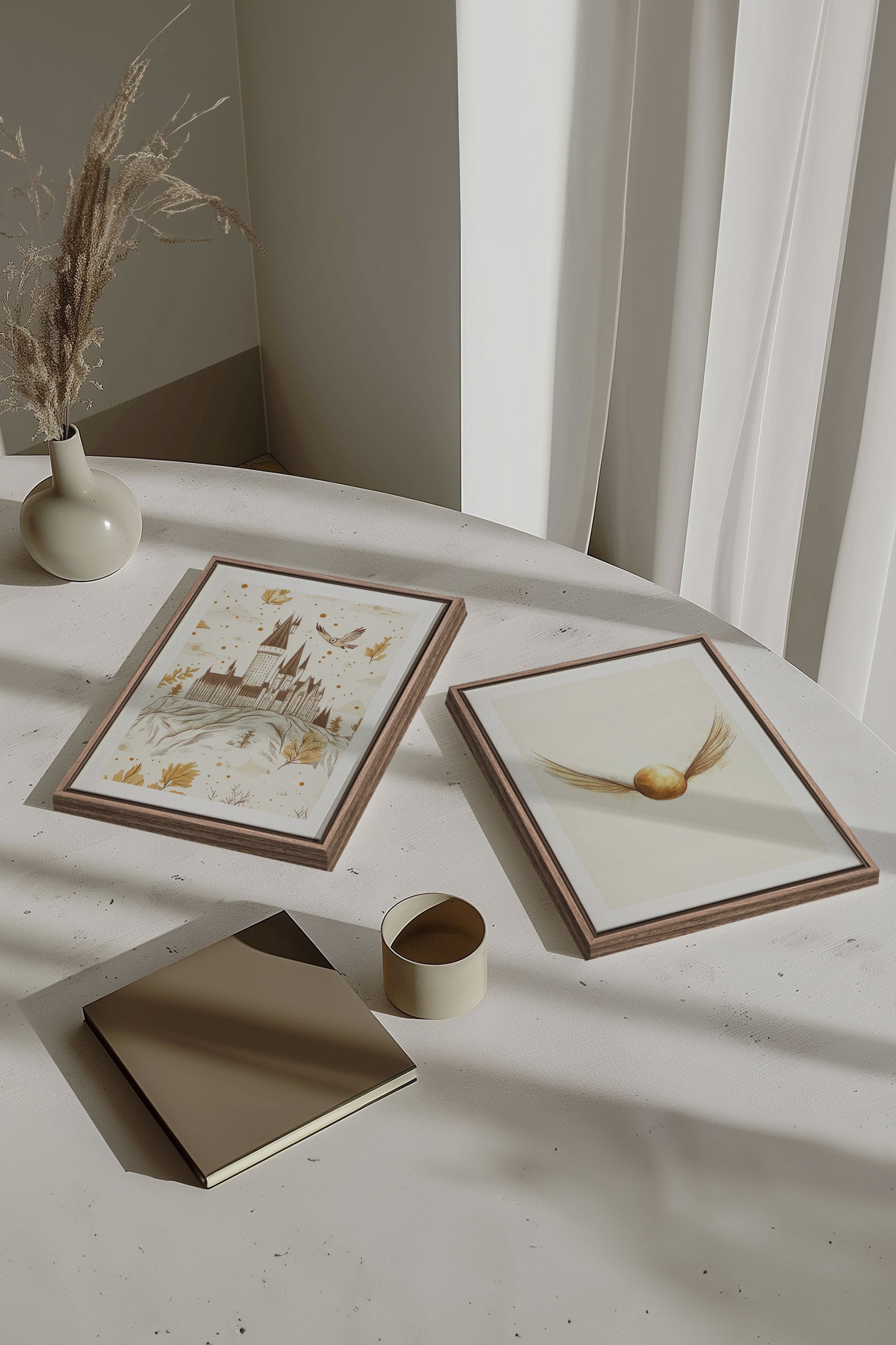 OLEKA CANVAS - GOLDEN WINGS DUO, 2 Oeuvres sur toile étirée, encadré Brun Chêne