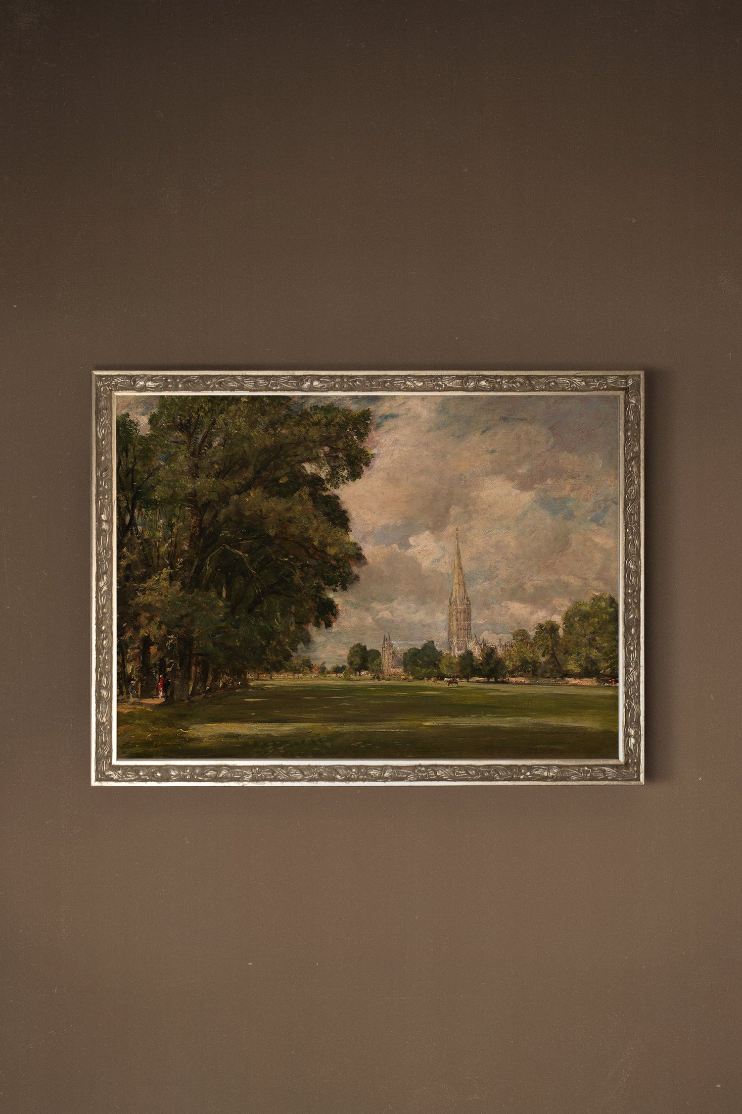 LA CATHÉDRALE DE SALISBURY, Oeuvre sur toile rigide, encadré Vintage Argent