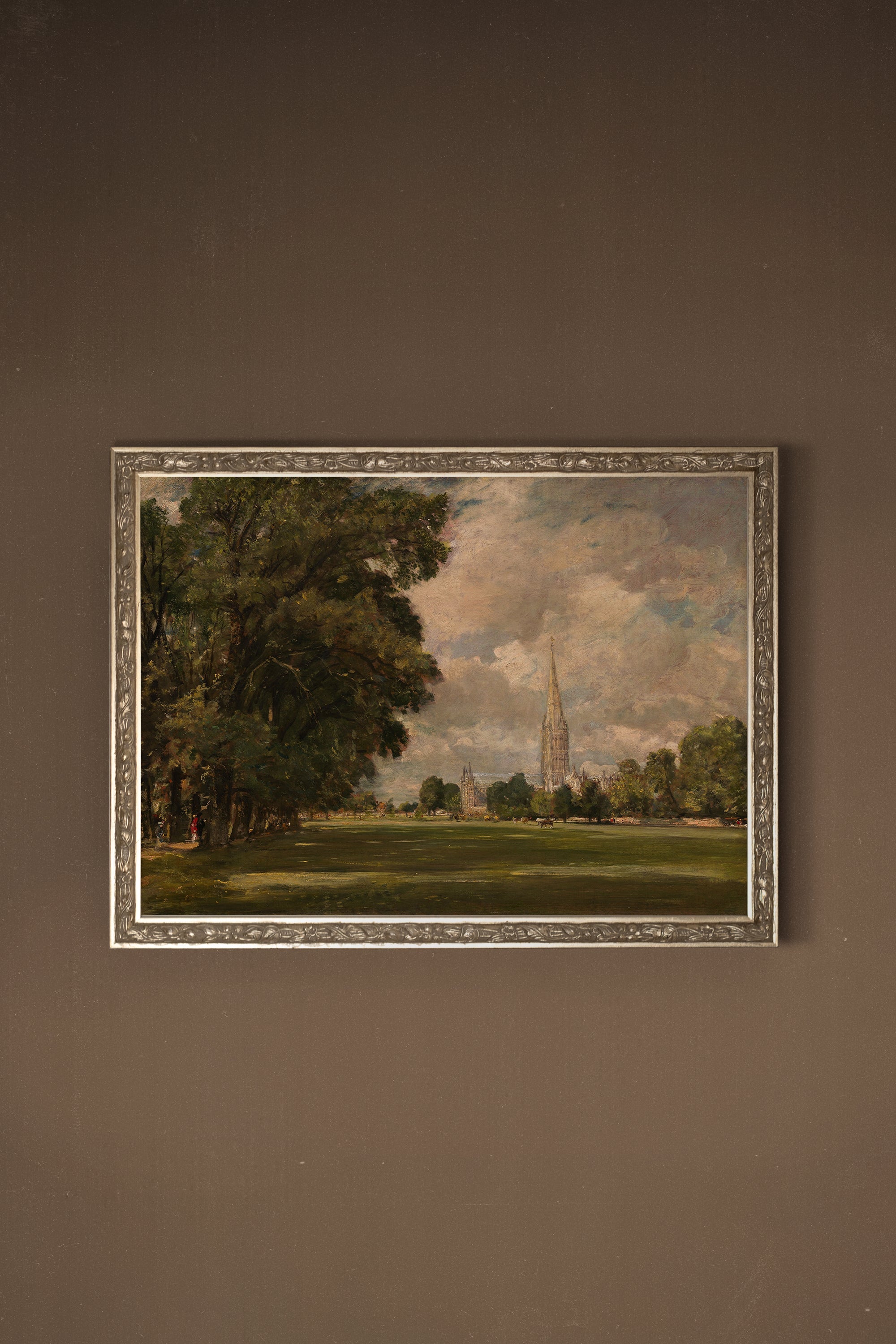 LA CATHÉDRALE DE SALISBURY, Oeuvre sur toile rigide, encadré Vintage Argent