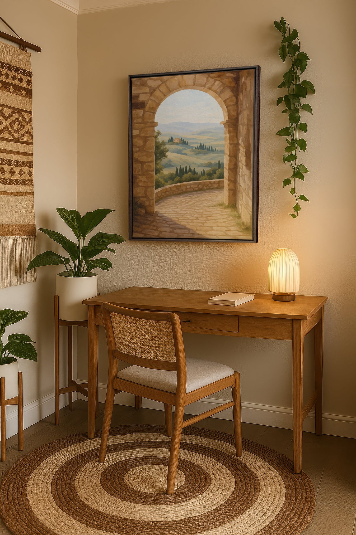 OLEKA CANVAS - CHEMIN DORÉ, Oeuvre sur toile étirée, encadré Brun Noyer