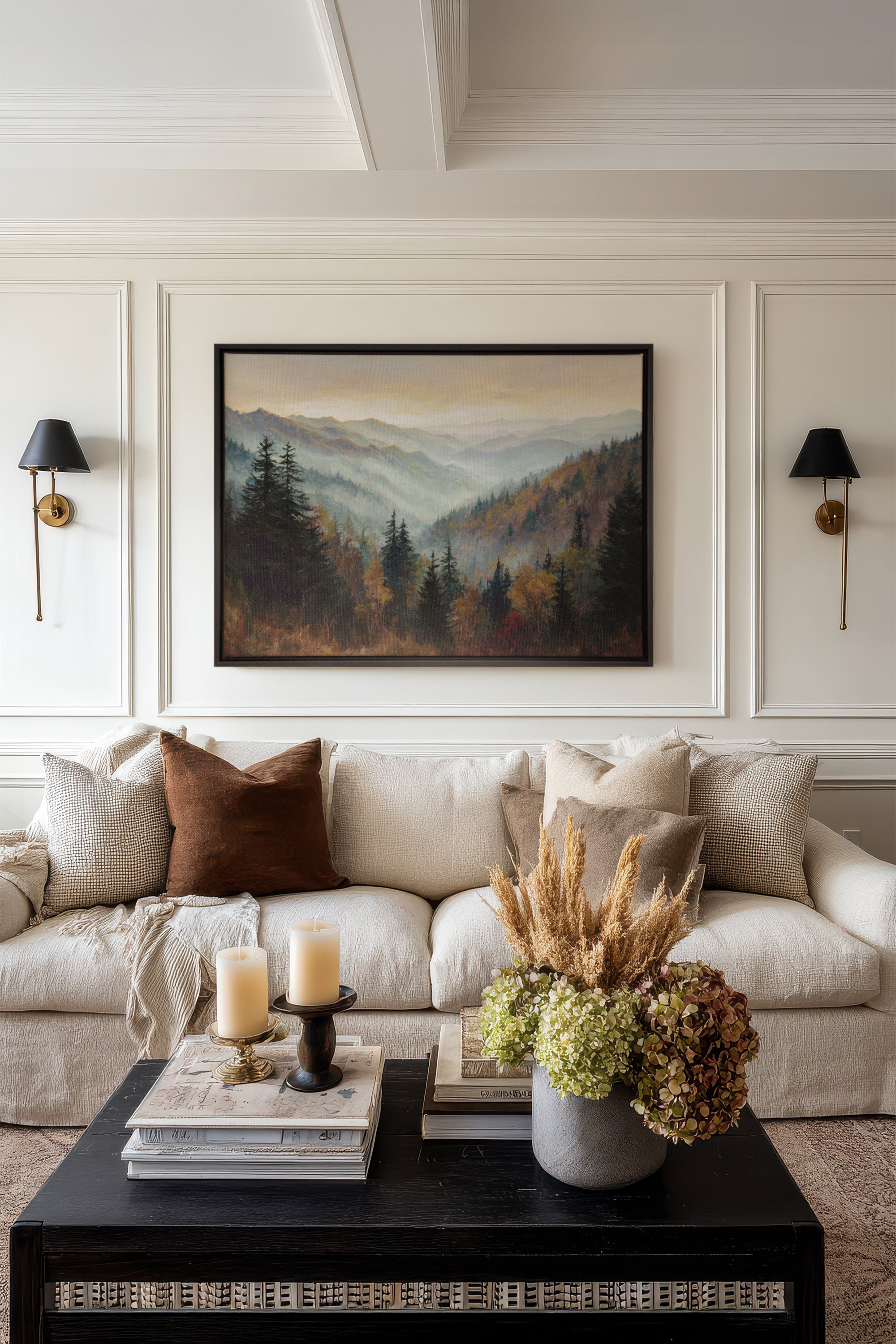MOUNTAIN MORNING II, Artwork on stretched canvas, framed in black