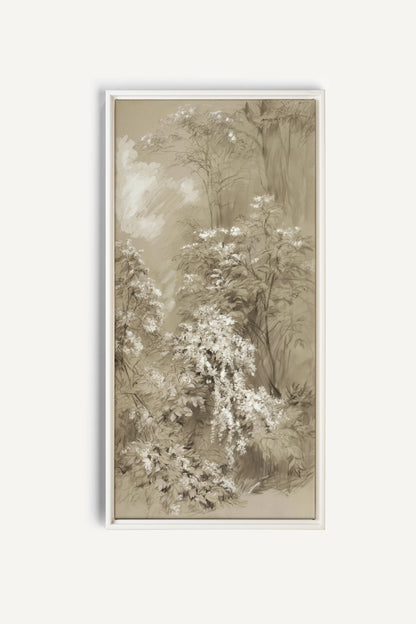 JARDIN OUBLIÉ, Artwork on stretched canvas, White frame