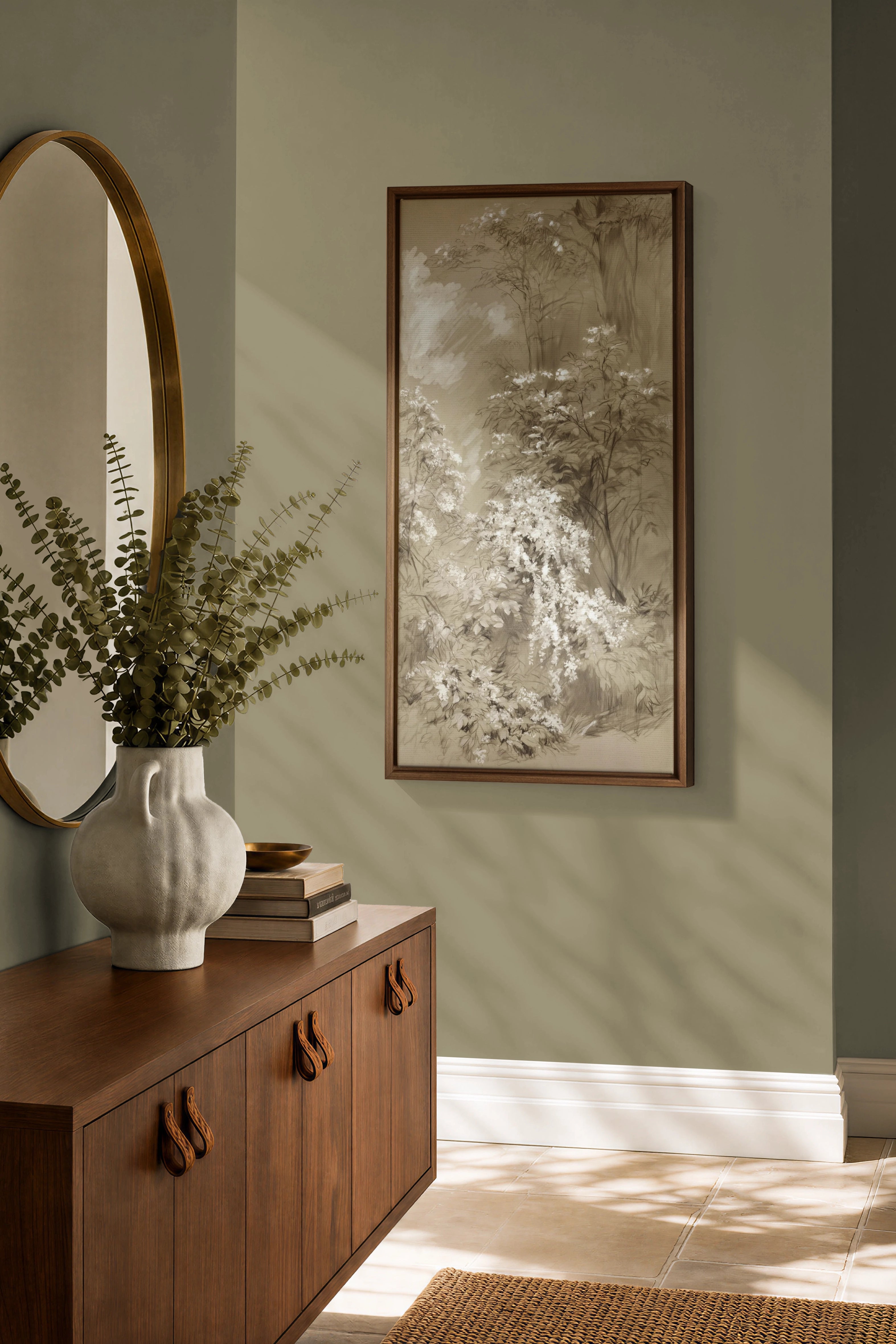 JARDIN OUBLIÉ, Artwork on stretched canvas, Oak Brown frame