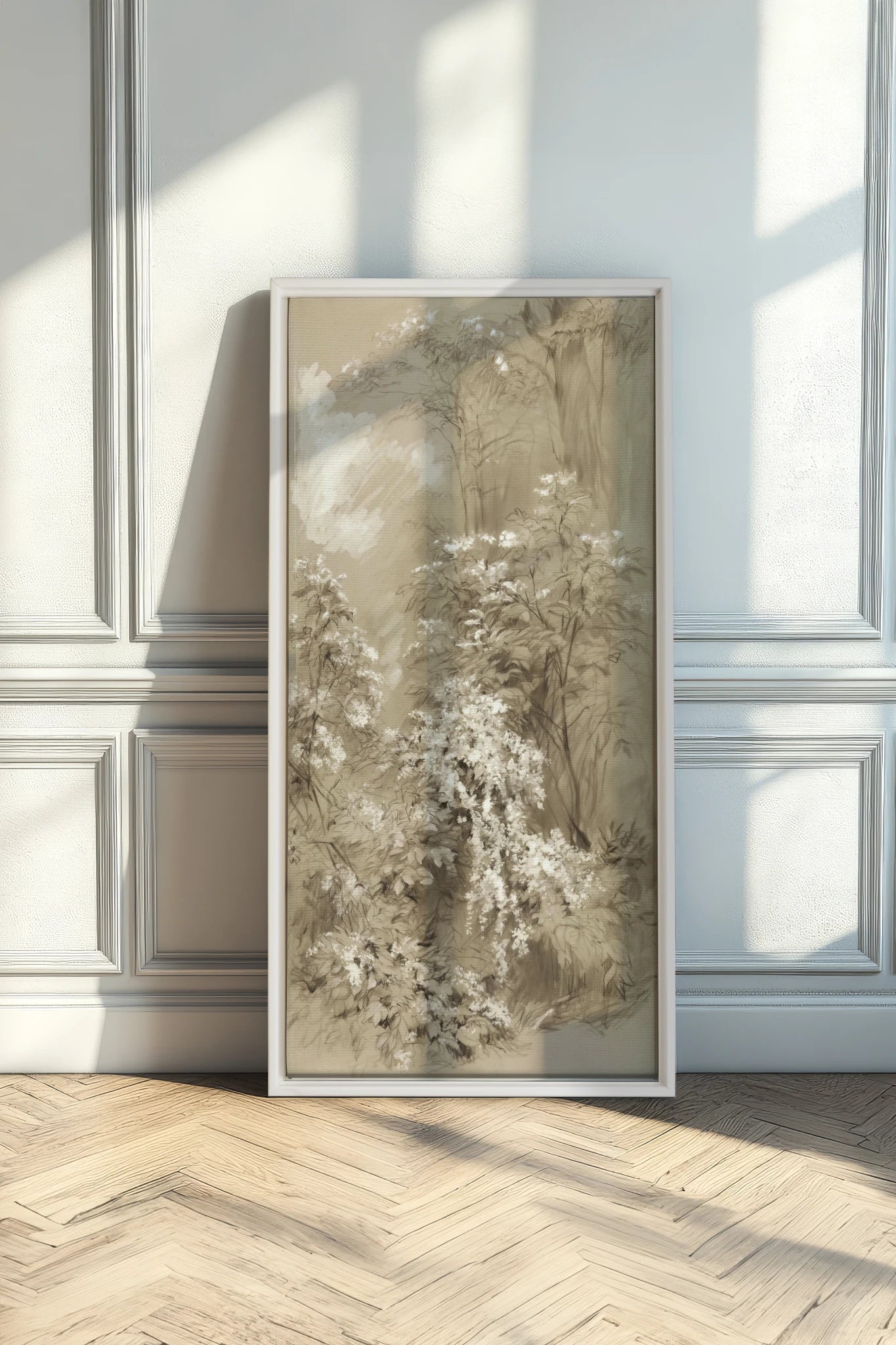 JARDIN OUBLIÉ, Artwork on stretched canvas, White frame