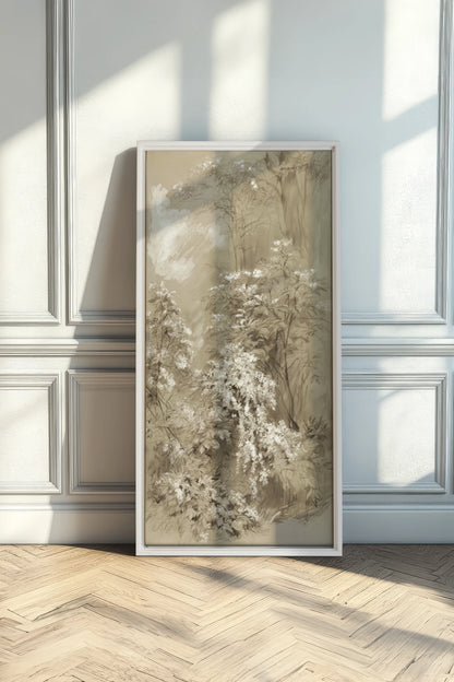 JARDIN OUBLIÉ, Artwork on stretched canvas, White frame