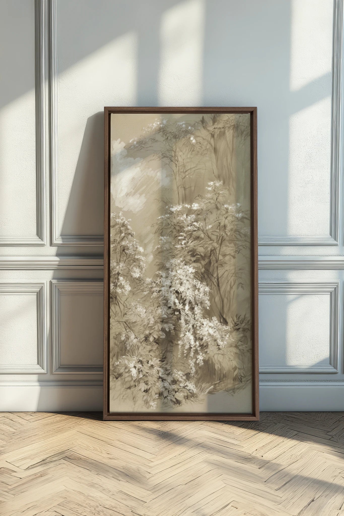 JARDIN OUBLIÉ, Artwork on stretched canvas, Oak Brown frame