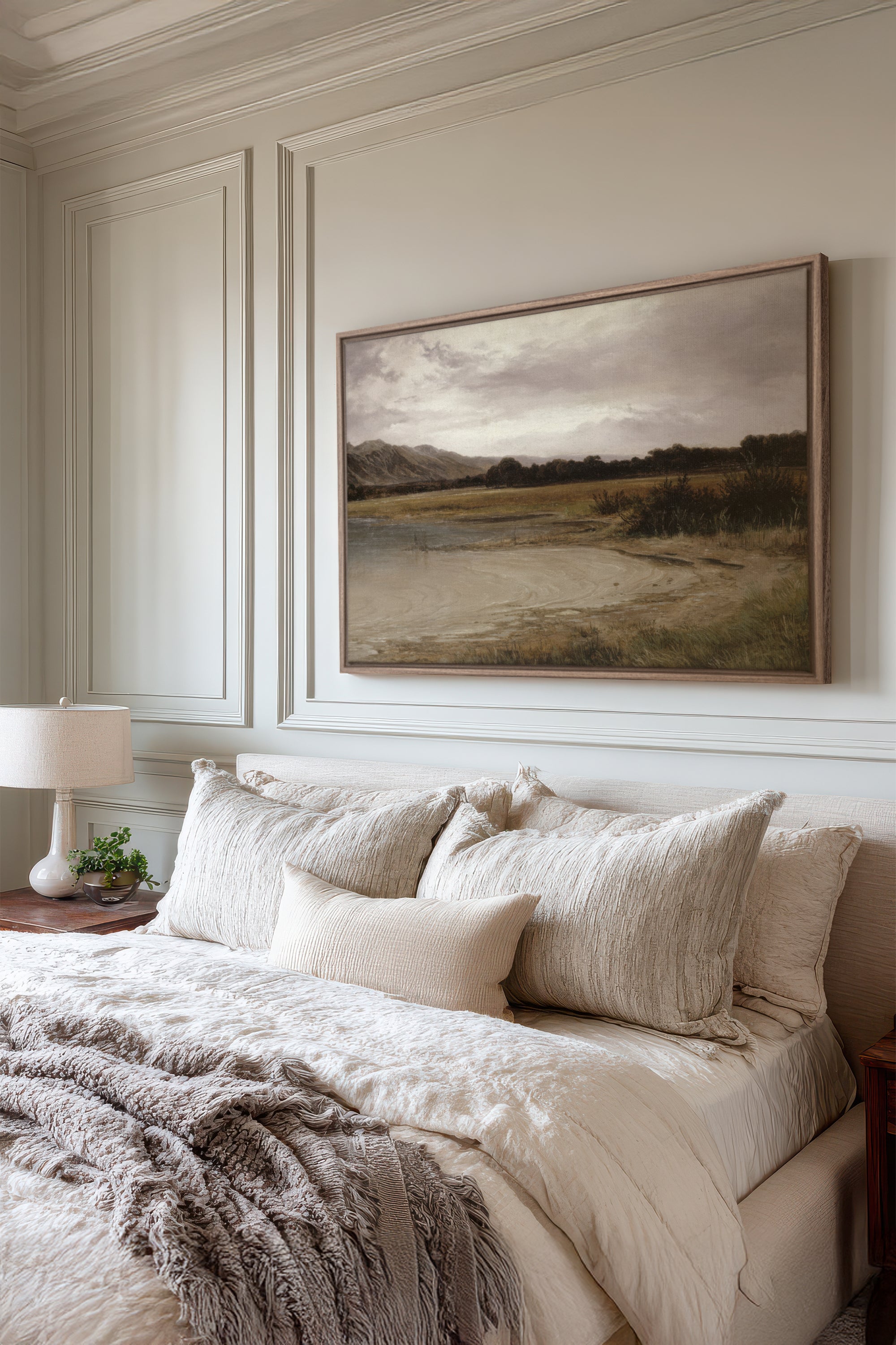 GREY MEADOW, Work on stretched canvas, framed Oak Brown