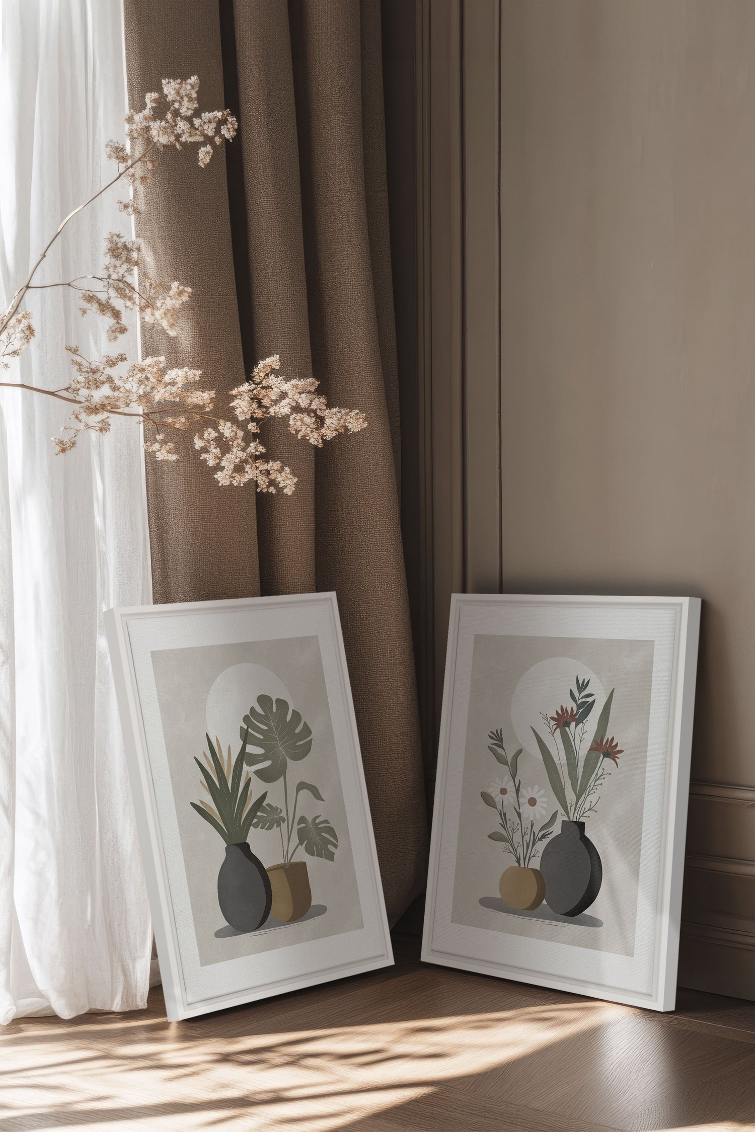 OLEKA CANVAS - DUO COMPLICITÉ FLORALE, 2 Oeuvres sur toile étirée, encadré Blanc