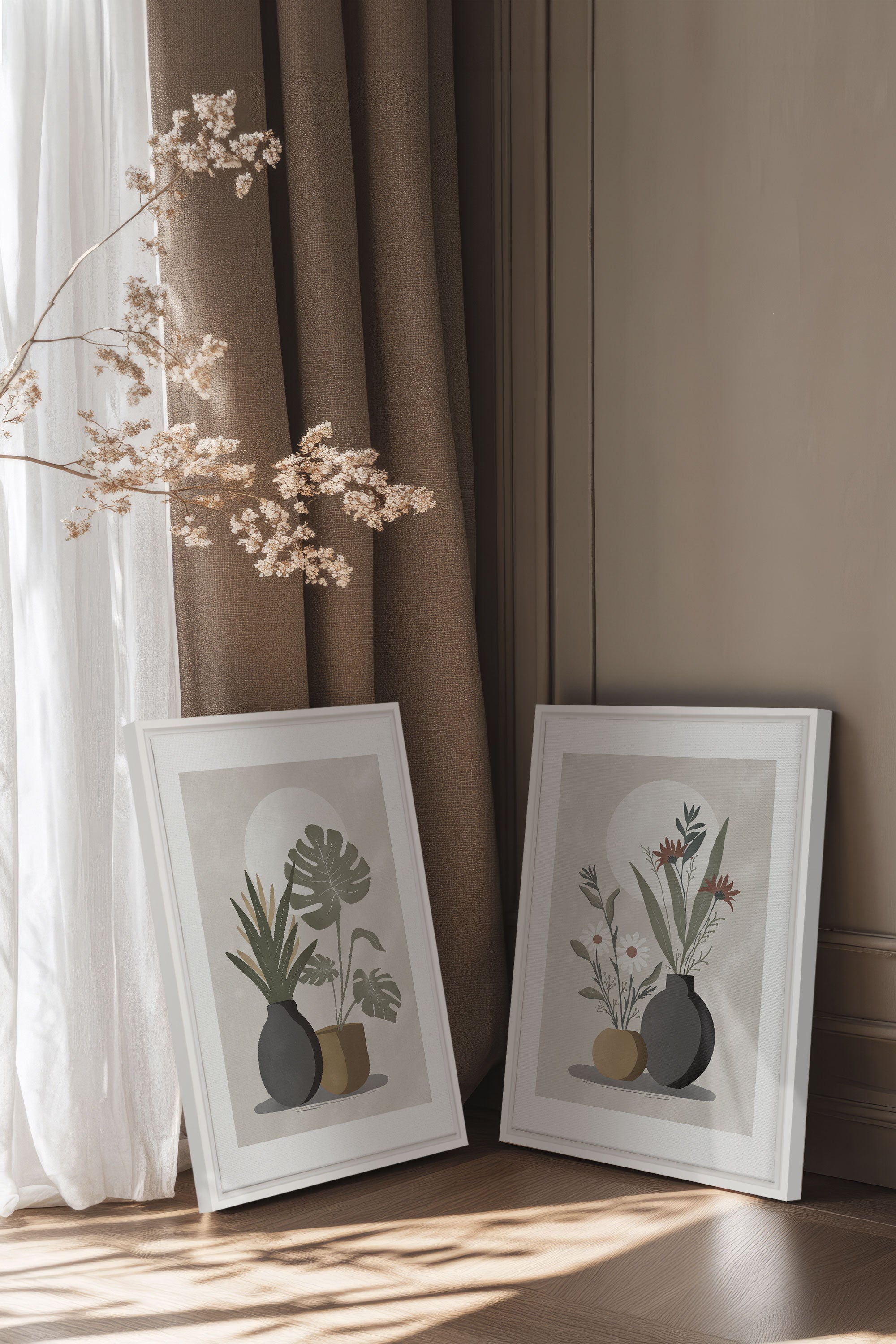 OLEKA CANVAS - DUO COMPLICITÉ FLORALE, 2 Oeuvres sur toile étirée, encadré Blanc